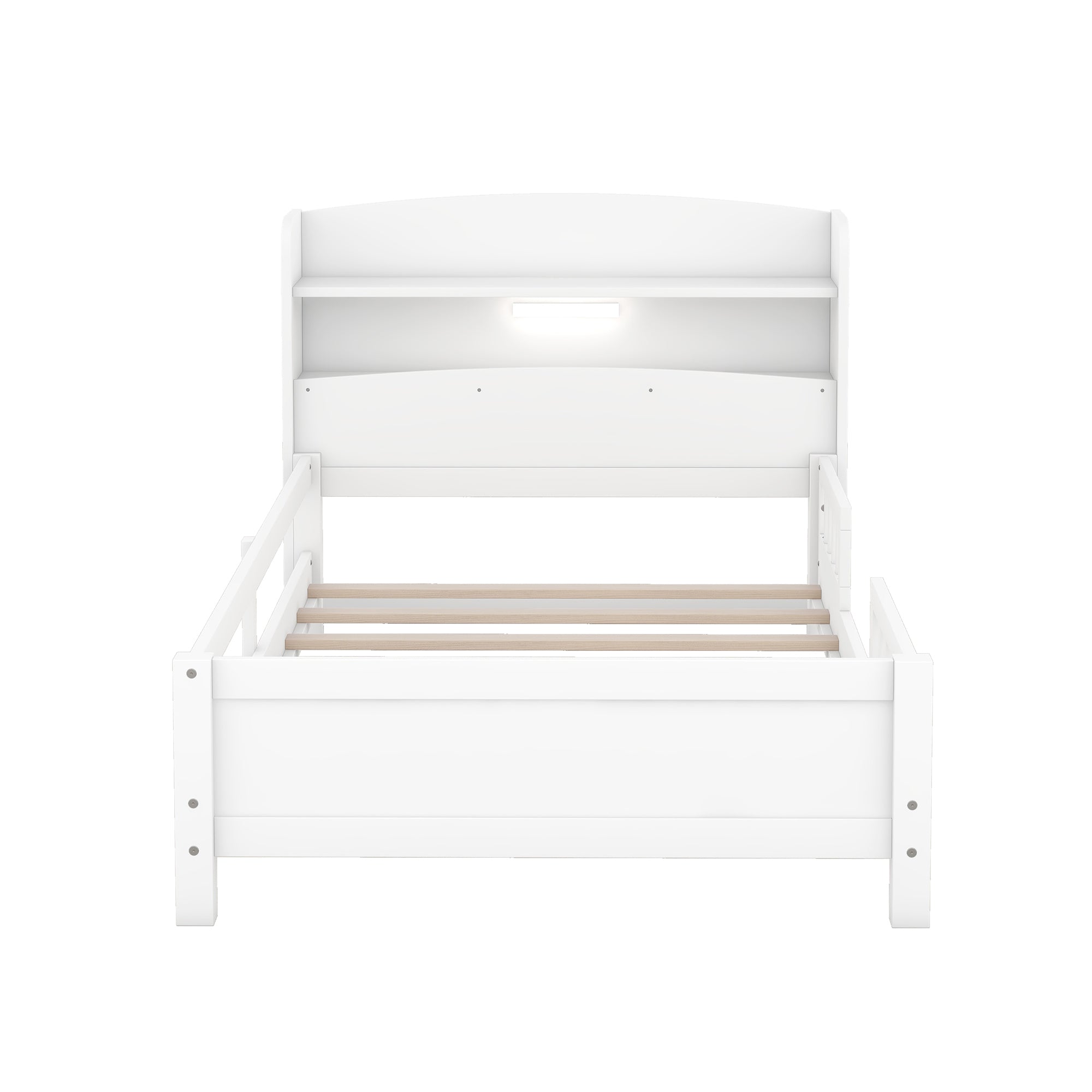 HAOYYE Wood Twin Size Platform Bed with Built-in LED Light, Storage Headboard and Guardrail, White Sturdy Space-Saving Heavy Duty Modern Design Adults Dorm Room Easy Assembly Bedroom Furniture