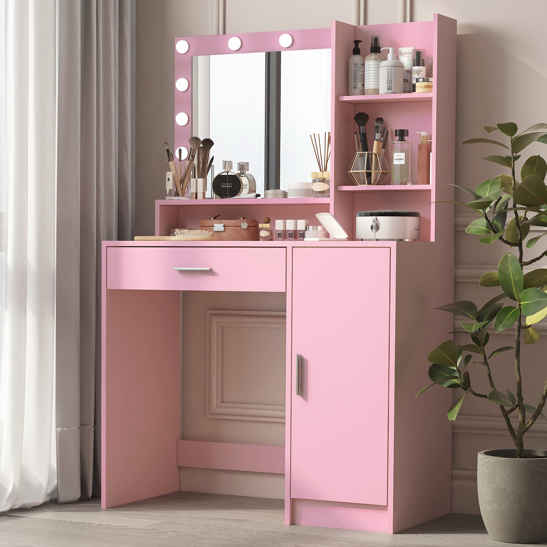 HAOYYE Vanity Desk with Mirror & Light, Large Drawer Three Level Storage Dresser, 3 Lighting Modes Adjustable Brightness, Bedroom Dressing Table(Pink) with modern design, luxury style, durable.