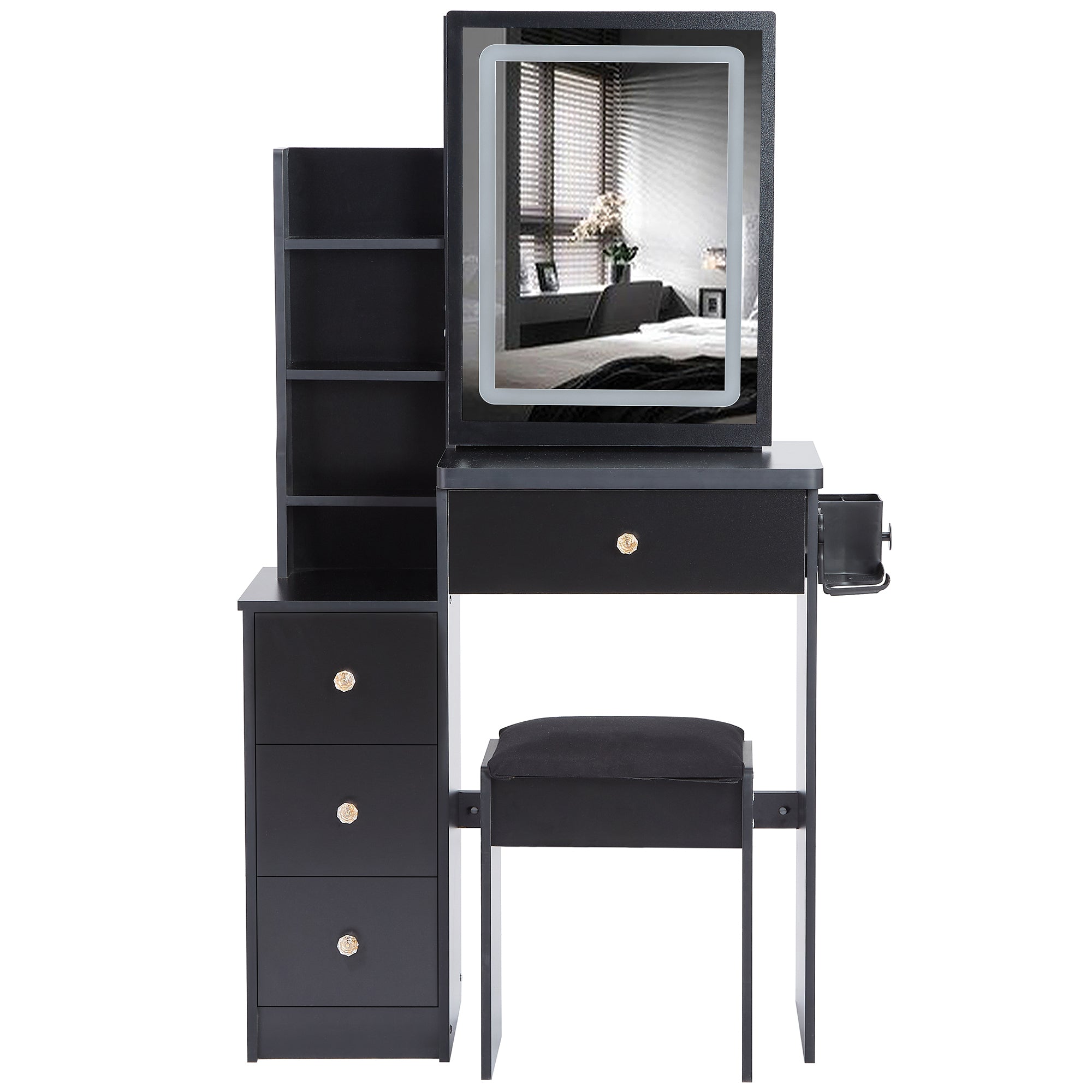 HAOYYE Small Size Left Bedside Cabinet Vanity Table + Cushioned Stool, 2 AC+2 USB Power Station, Hair dryer bracket, Extra Large Touch Control Sliding LED Mirror, Tri-color Switching, EPA,GCC,UL Certificate