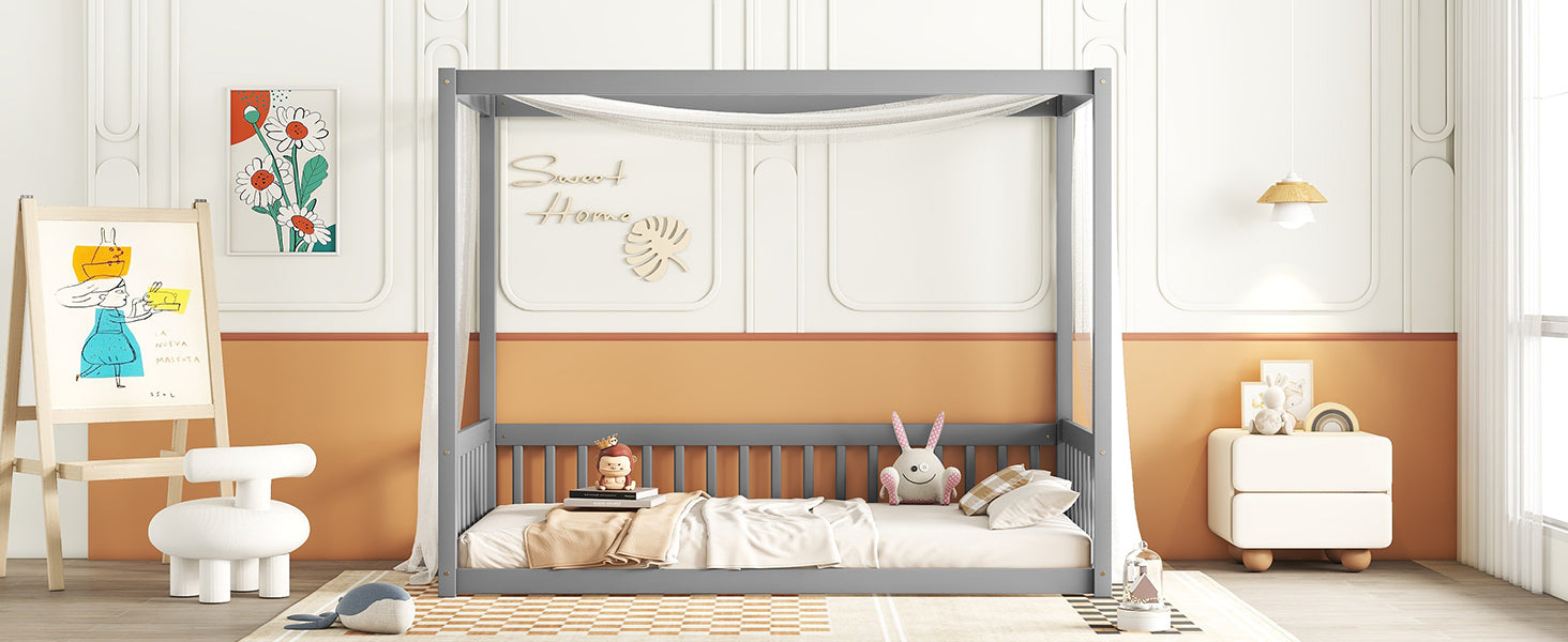 HAOYYE Twin Size Canopy Frame Floor Bed with Fence, Guardrails,Grey Sturdy Space-Saving Heavy Duty Modern Design Adults Dorm Room Easy Assembly Bedroom Furniture