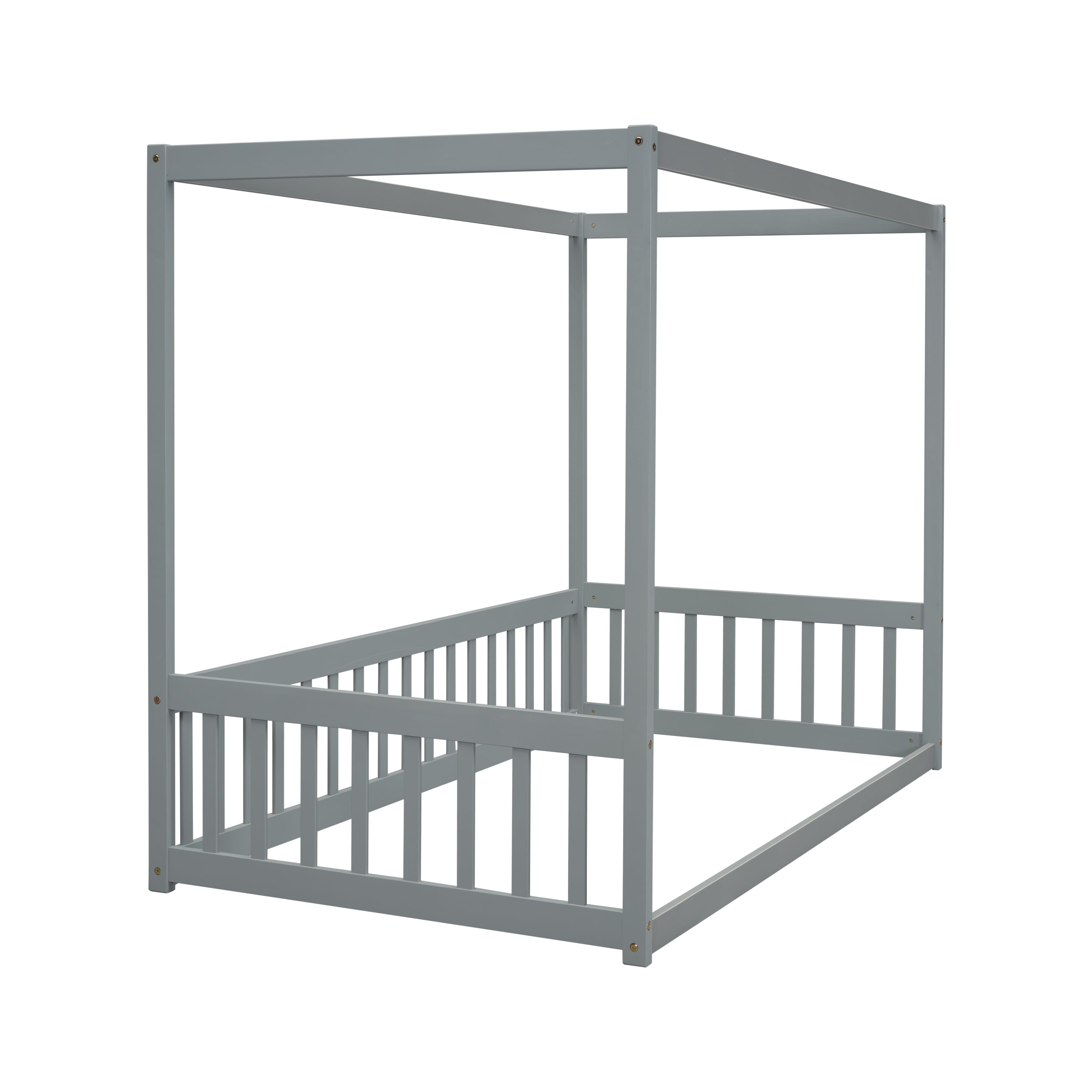 HAOYYE Twin Size Canopy Frame Floor Bed with Fence, Guardrails,Grey Sturdy Space-Saving Heavy Duty Modern Design Adults Dorm Room Easy Assembly Bedroom Furniture
