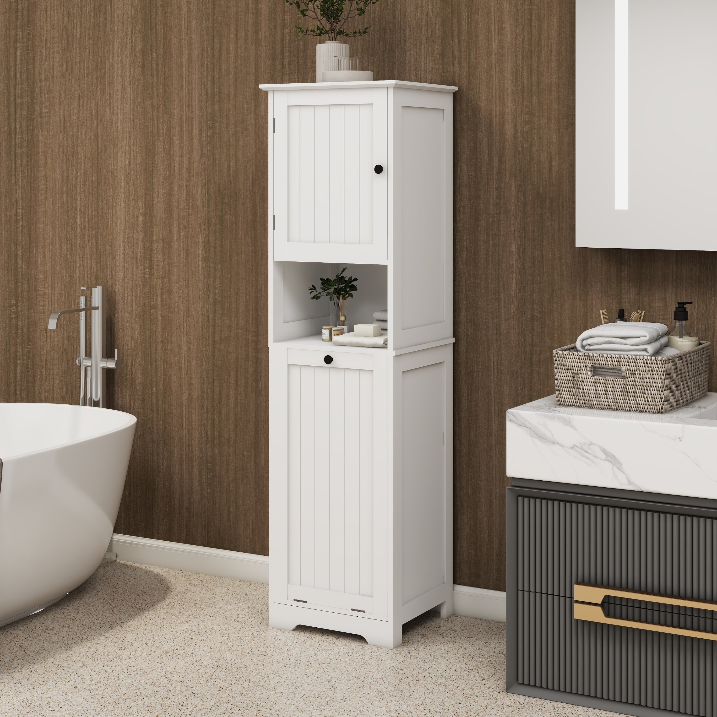 Haoyye One-Compartment Tilt-Out Laundry Sorter Cabinet, Modern Space-Saving Storage Unit with Removable Bag and Top Shelf, Sturdy MDF Construction with UV Finish, Stylish Organizer for Bathroom, Bedroom, or Laundry Room, Easy Assembly