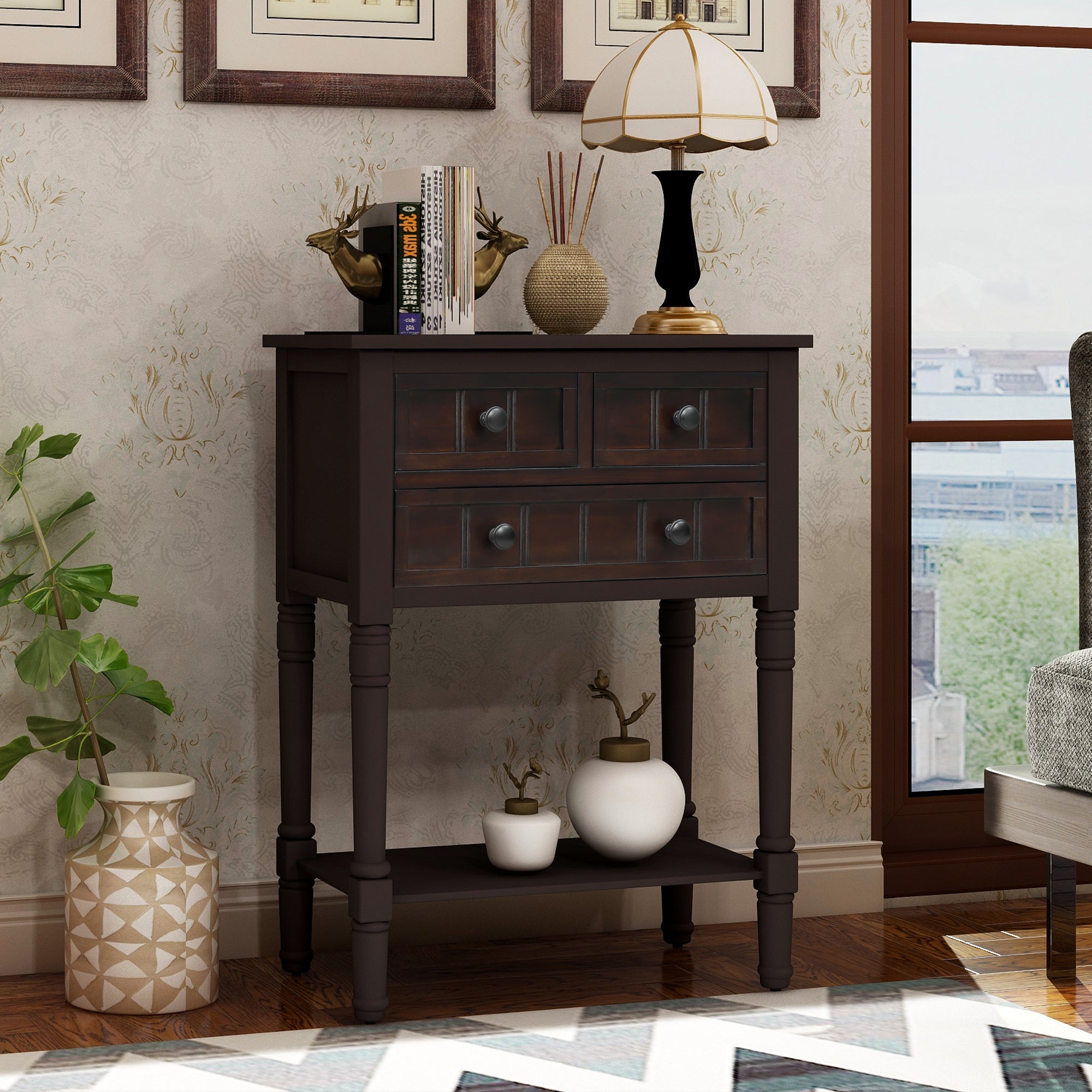 HAOYYE Narrow Console Table, Slim Sofa Table with Three Storage Drawers and Bottom Shelf for Living Room, Espresso, Sturdy Space-Saving Design, Heavy Duty Construction, Easy Assembly, Durable and Stylish Home Furniture, Versatile for Hallway or Entryway