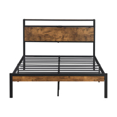HAOYYE Queen Size Metal Platform Bed Frame with Wooden Headboard and Footboard with USB LINER, No Box Spring Needed, Large Under Bed Storage, Easy Assemble Sturdy Space-Saving Heavy Duty Modern Design