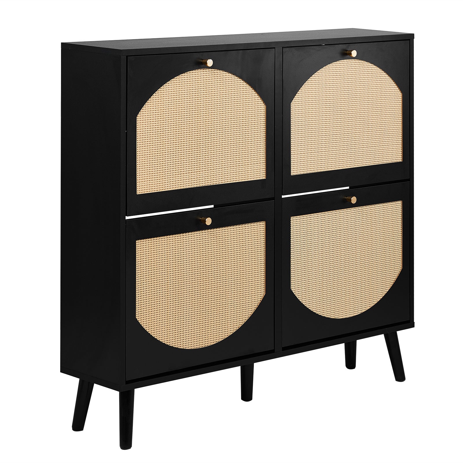 HAOYYE Rattan Shoe Cabinet with 2 Rows of 4 Flip Drawers, Arched High Legs, Black Metal Frame and Natural Wood-Look Panels, Modern Particle Board Storage Organizer for Entryway, Hallway, Bedroom