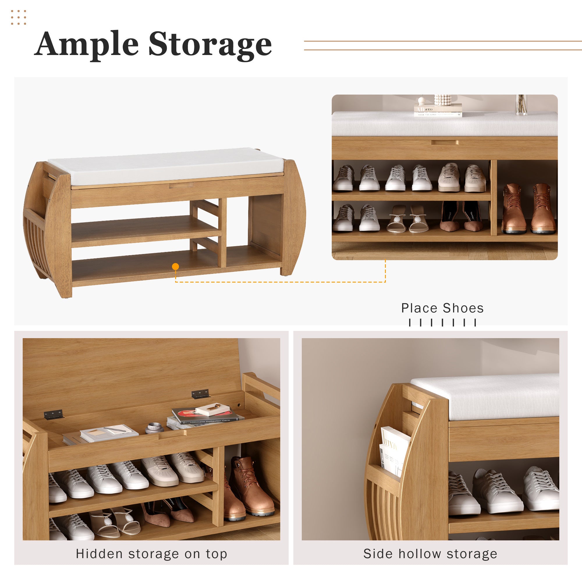 HAOYYE Retro Multifunctional Storage Bench with Cushion and Curved Side Panel for Entrance and Living Room (Natural) Sturdy Space-Saving Heavy Duty Modern Design Easy Assembly Durable Stylish Versatile