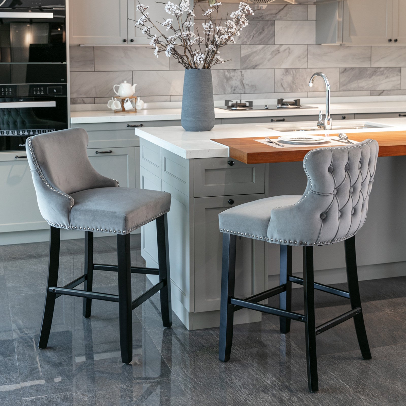 HAOYYE Contemporary Velvet Upholstered Wing-Back Barstools with Button Tufted Decoration and Wooden Legs, and Chrome Nailhead Trim, Leisure Style Bar Chairs,Bar stools, Set of 2 (Gray),SW1824GY