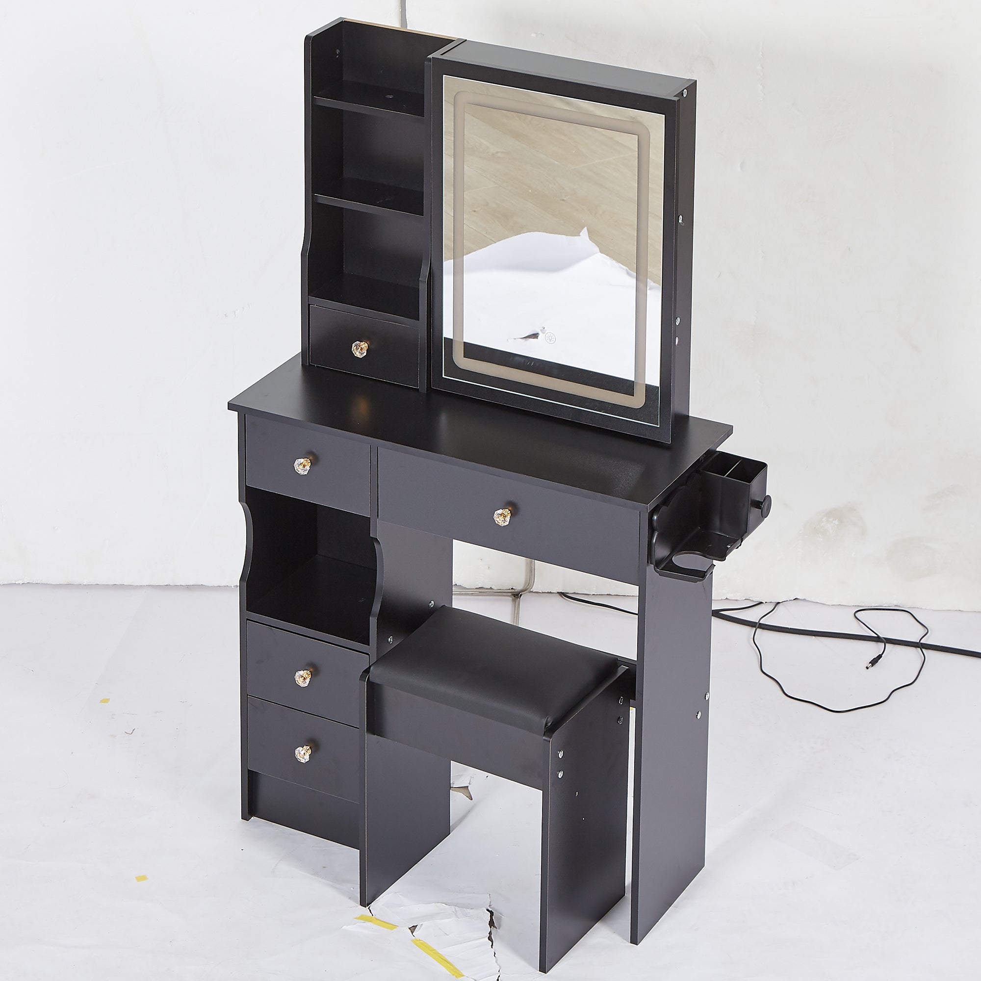 HAOYYE Compact Vanity Table With Left Drawer, Cushioned Stool, Touch-Control LED Mirror, Tri-Color Lighting, 2 AC & 2 USB Power Outlets, Hair Dryer Bracket, Certified by EPA, GCC, and UL