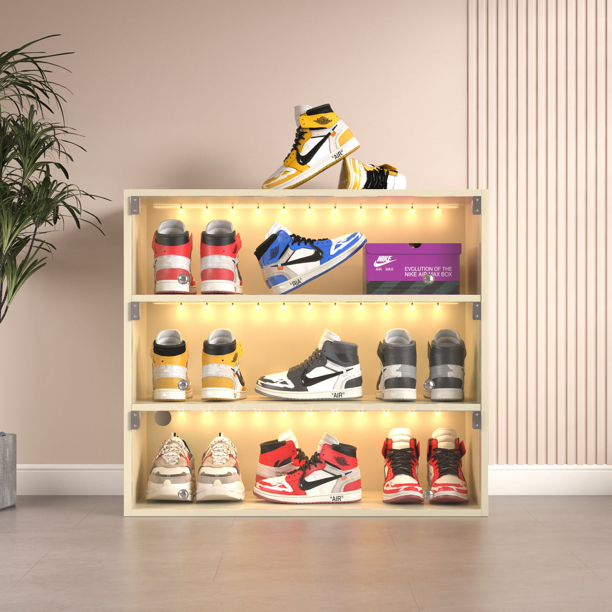 HAOYYE Off-White LED Light Shoe Box, 3 Layers with Glass Doors, Sturdy Space-Saving Design, Heavy Duty Modern Storage Solution for Sneakers, Easy Assembly for Bedroom, Dorm Room, or Closet
