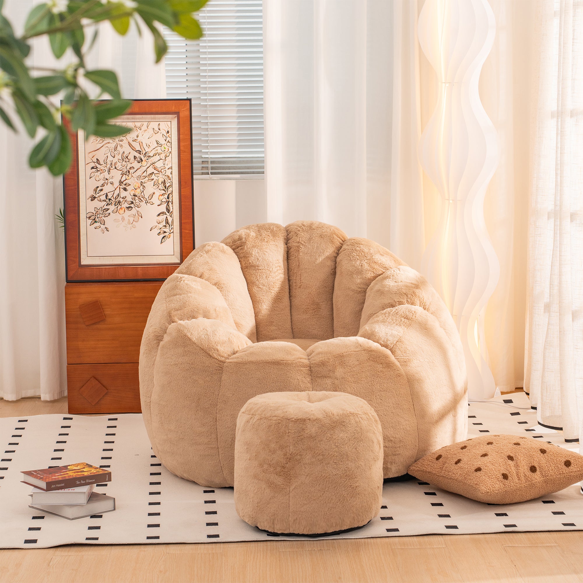 HAOYYE Giant Bean Bag Chair khaki Color, Oversized Bean Bag Couch for Adults and Kids, Faux Fur Shell-Shaped Large Bean Bag Chair with Filler, Stuffed Big Accent Sofa Chair Floor Sofa for Gaming, Reading.