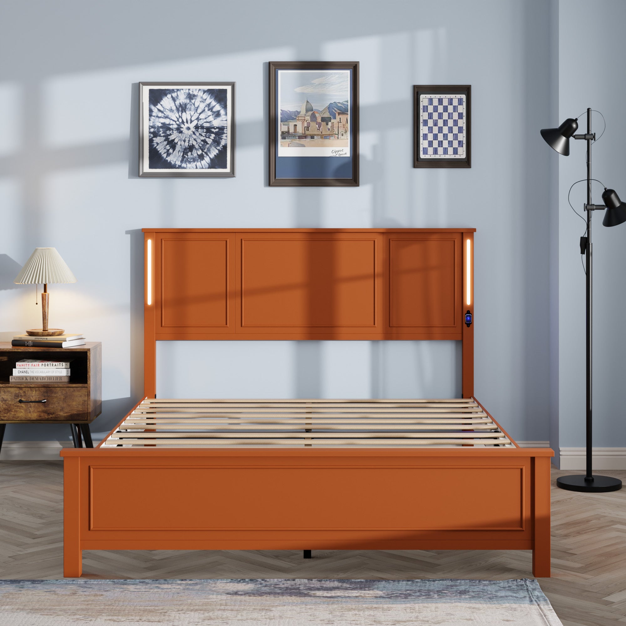 HAOYYE Queen Size Bed Frame, Platform Bed Frame with Wood Headboard and Footboard,Charging Station and LED Lights, 12 Wood Slats Support, No Box Spring Needed , Brown Sturdy Space-Saving Heavy Duty