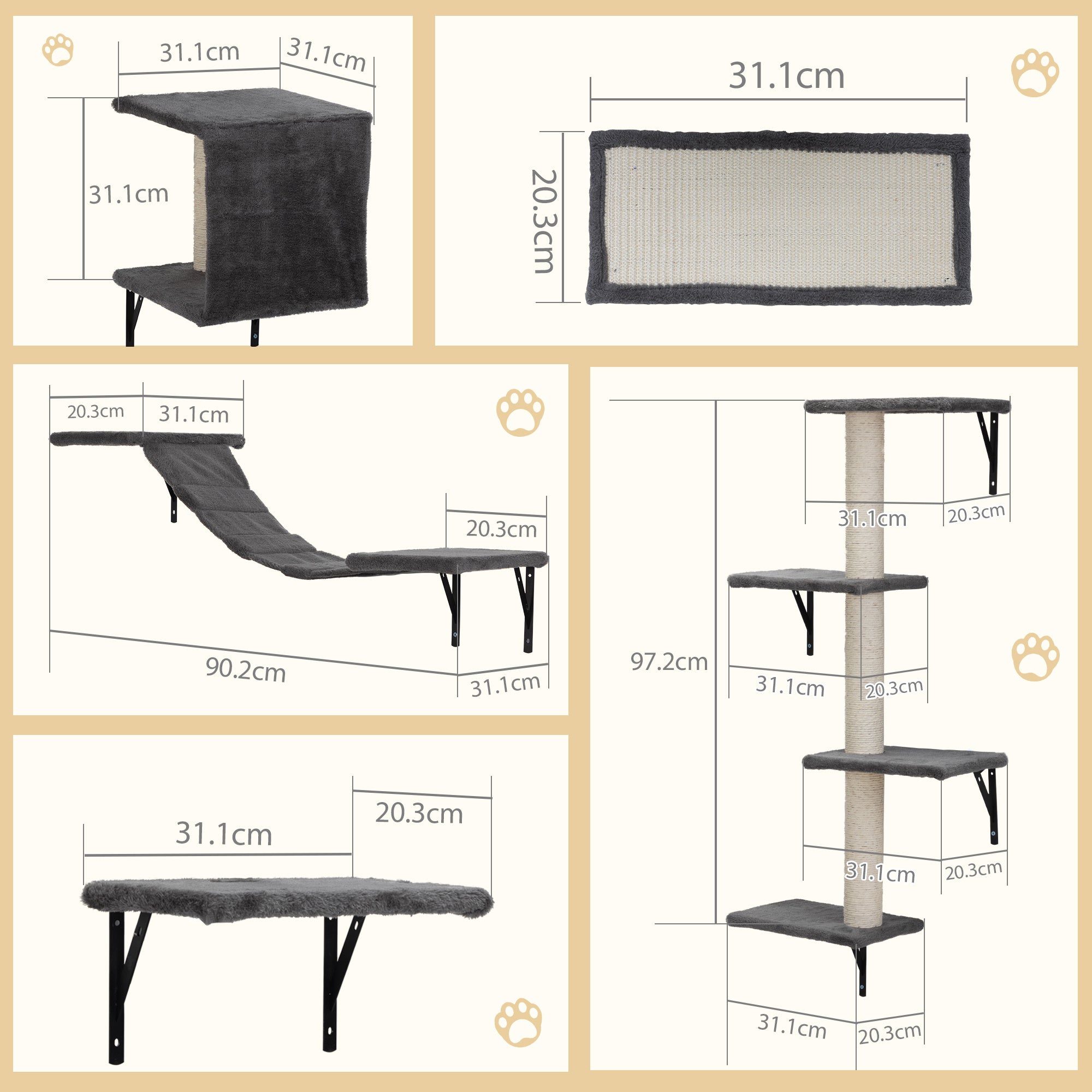 HAOYYE 5 Pcs Multi-Level Wall-Mounted Indoor Cat Tree Furniture with Scratching Board, Condo, Perches, Bridge for Indoor Cats, Gray Sturdy Space-Saving Heavy Duty Modern Design Adults Dorm Room