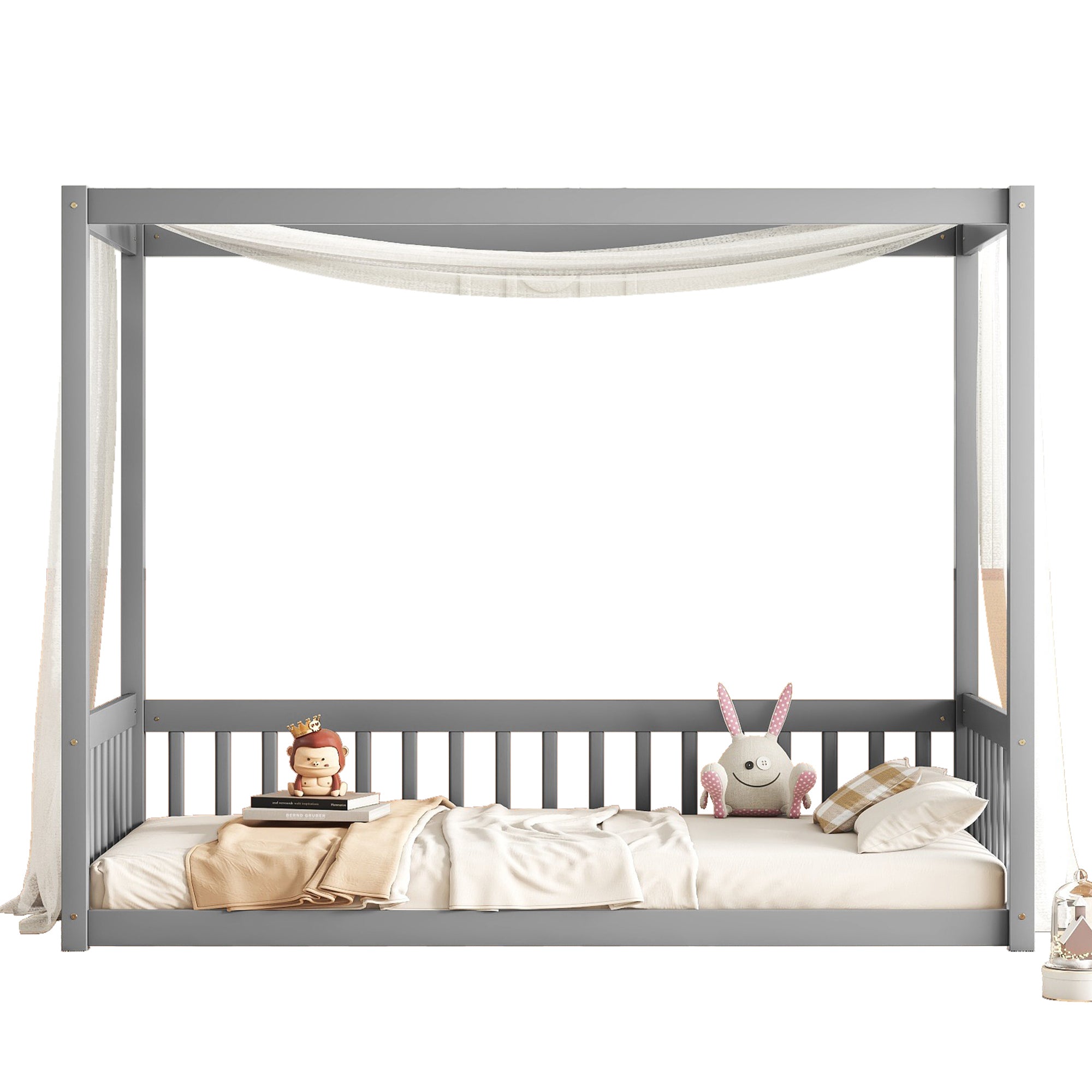 HAOYYE Twin Size Canopy Frame Floor Bed with Fence, Guardrails,Grey Sturdy Space-Saving Heavy Duty Modern Design Adults Dorm Room Easy Assembly Bedroom Furniture