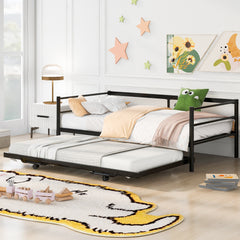 HAOYYE Twin Size Metal Daybed with Adjustable Trundle, Pop Up Trundle, Black Sturdy Space-Saving Heavy Duty Modern Design Adults Dorm Room Easy Assembly Bedroom Furniture