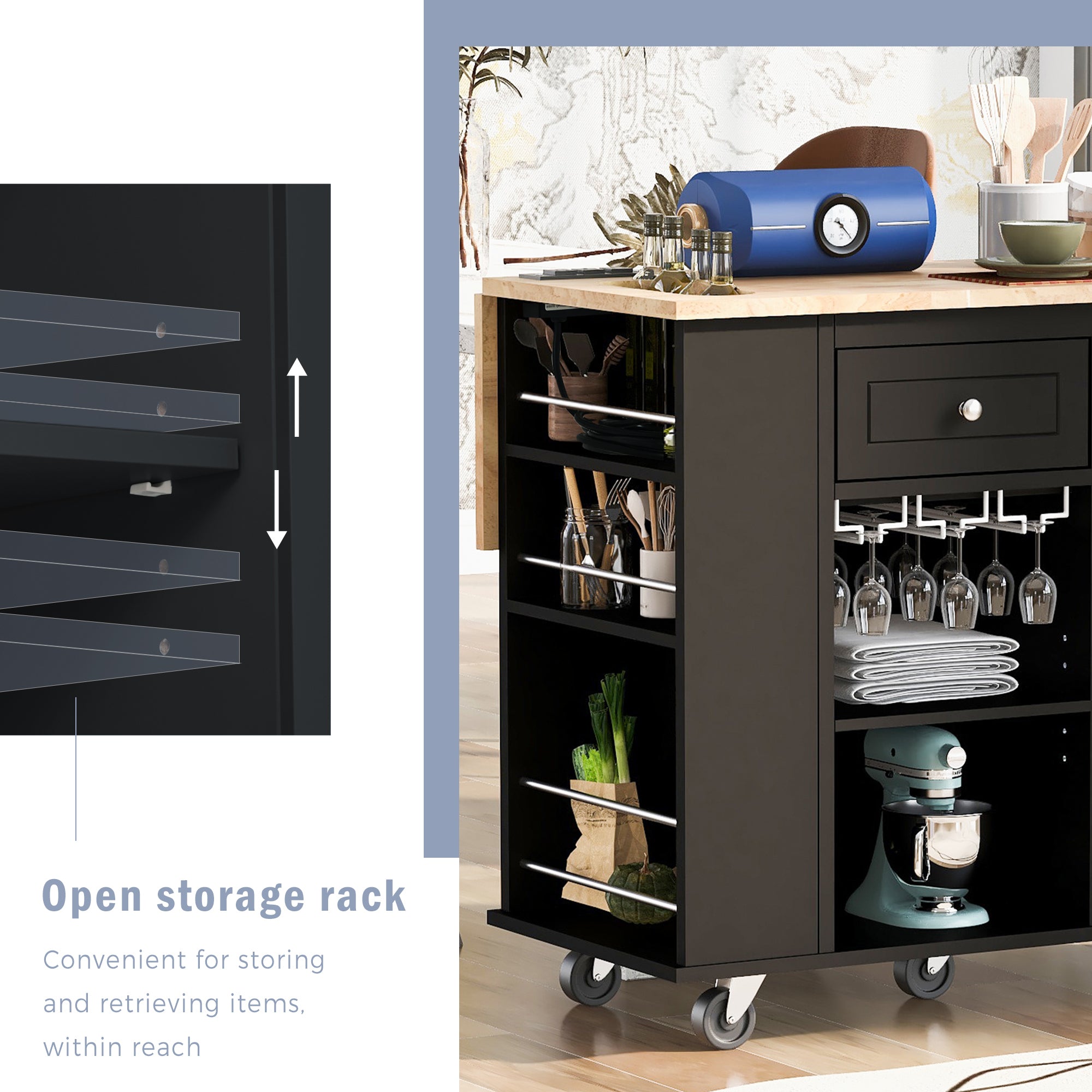 HAOYYE Kitchen Island with Power Outlet, Drop Leaf, Rubber Wood Top, Wine Rack, and Adjustable Storage. Black Kitchen Storage Island on Wheels, Ideal for Home, Kitchen, and Dining Room