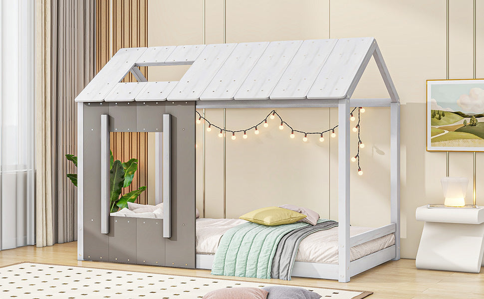 HAOYYE Twin Size House Platform with Roof and Window, White+Antique Grey(Old SKU: WF294130AAE) Sturdy Space-Saving Heavy Duty Modern Design Adults Dorm Room Easy Assembly Bedroom Furniture