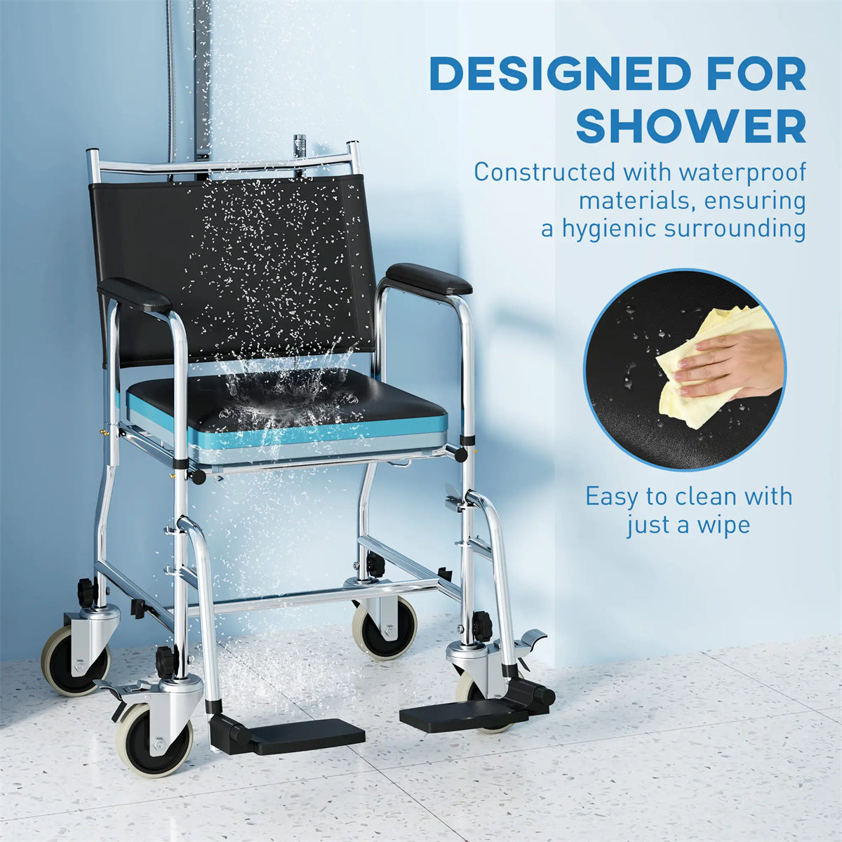 HAOYYE New Mobile Shower Chair And Toilet Wheelchair With Adjustable Height, Lightweight Portable Commode Chair With Padded Seat And Backrest, Waterproof Castor Wheels For Easy Mobility And Safety