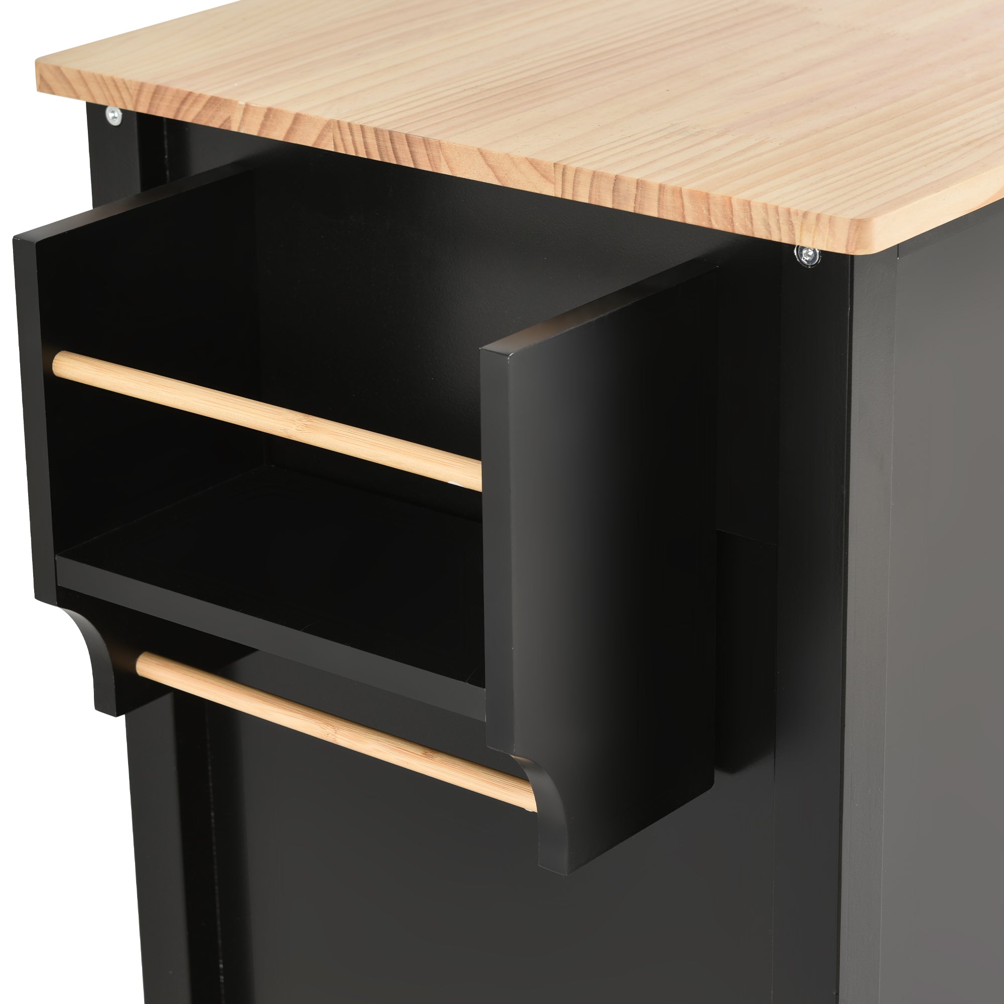 HAOYYE Kitchen Island Cart with Solid Wood Top, 4-Door Cabinet, Two Drawers, Spice Rack, and Towel Rack, Black Modern Kitchen Storage, Heavy Duty, Space-Saving Design, Mobile Island for Kitchen or Dining Room