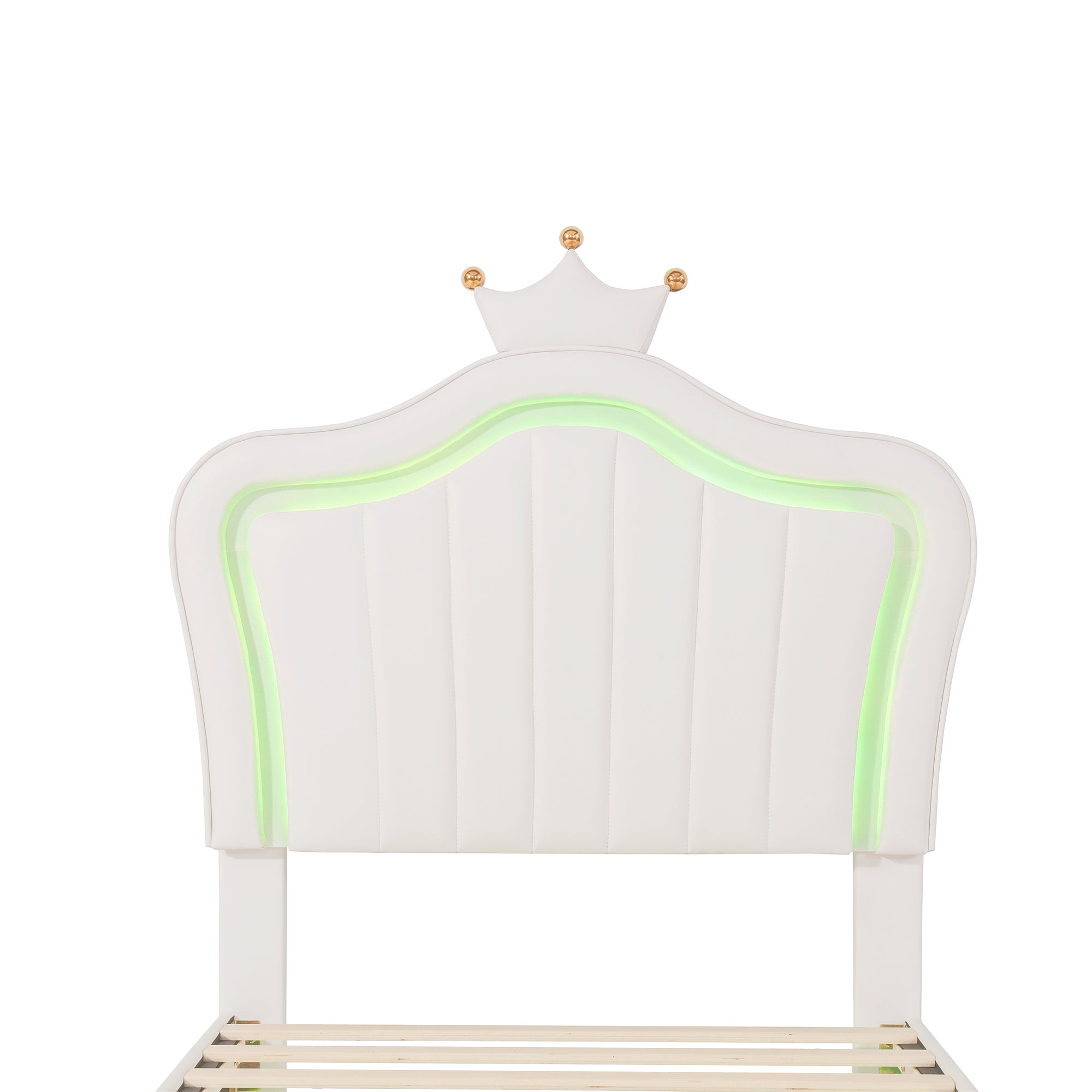 HAOYYE Twin Size Upholstered Bed Frame with LED Lights, Modern Upholstered Princess Bed With Crown Headboard,White Sturdy Space-Saving Heavy Duty Modern Design Adults Dorm Room Easy Assembly