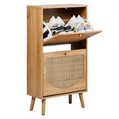 HAOYYE 2-Tilt Shoe Cabinet with Elegant Arched Rattan Fronts, Durable MDF with Melamine Laminate, Slim Space-Saving Design, Natural Wood Finish, Tall Arch Legs for Easy Cleaning, Stylish Entryway Storage for 8-12 Pairs of Shoes