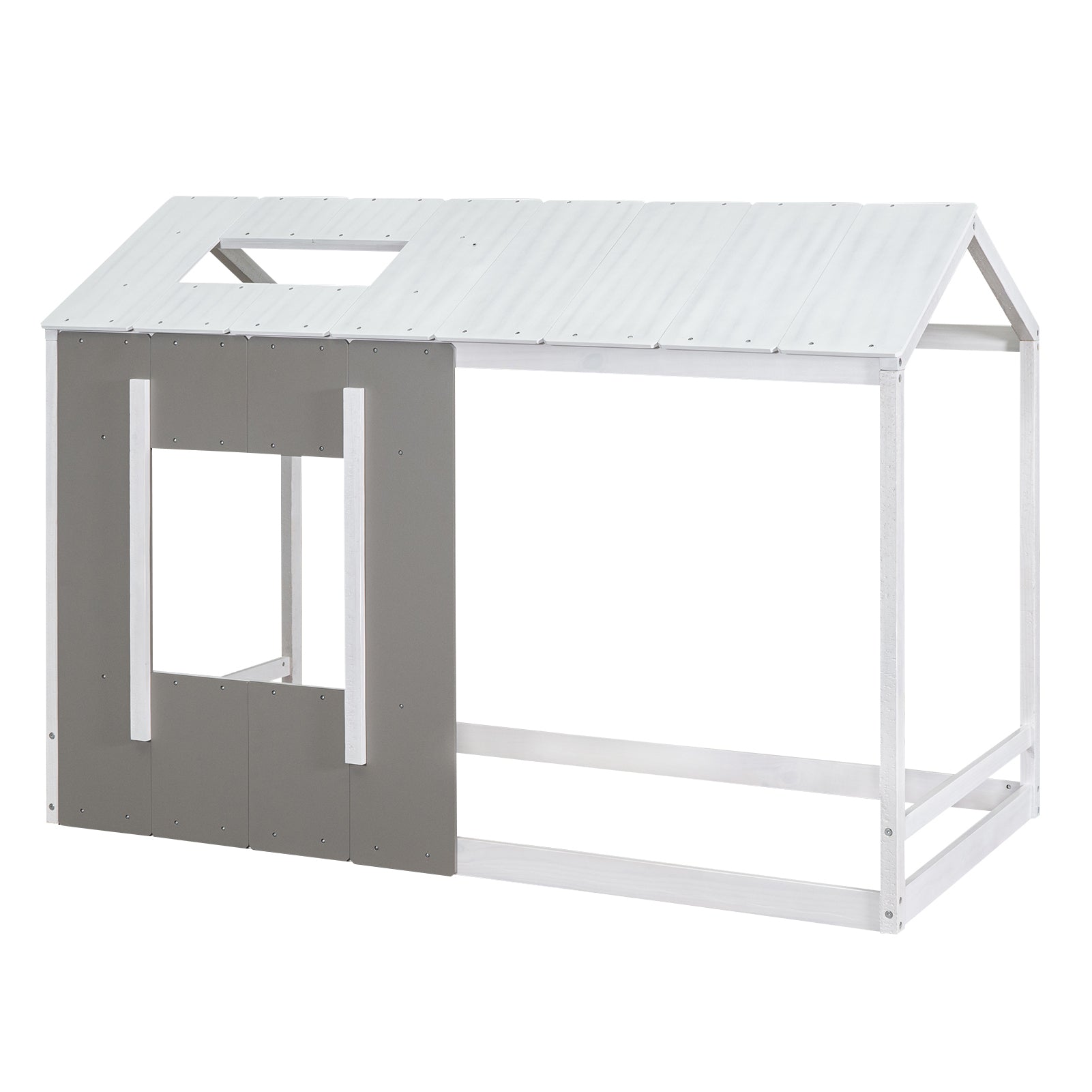 HAOYYE Twin Size House Platform with Roof and Window, White+Antique Grey(Old SKU: WF294130AAE) Sturdy Space-Saving Heavy Duty Modern Design Adults Dorm Room Easy Assembly Bedroom Furniture
