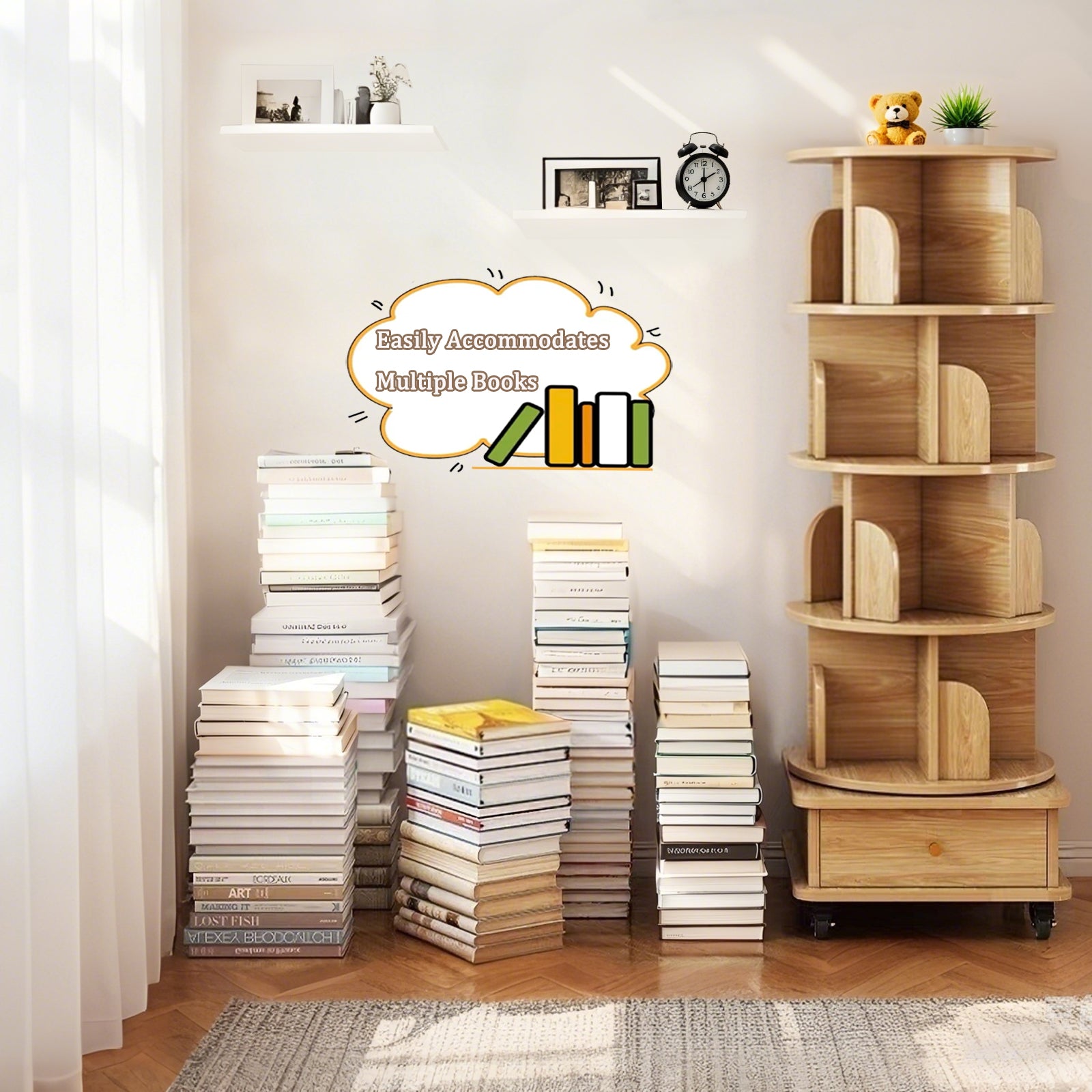 HAOYYE 5 Tier Rotating Bookshelf with 360 Degree Spinning Design and Wheels, Space-Saving Round Display Shelf Tower for Small Spaces in Bedroom, Living Room, Home Office, Modern Wooden Storage Organizer in Natural Wood Color
