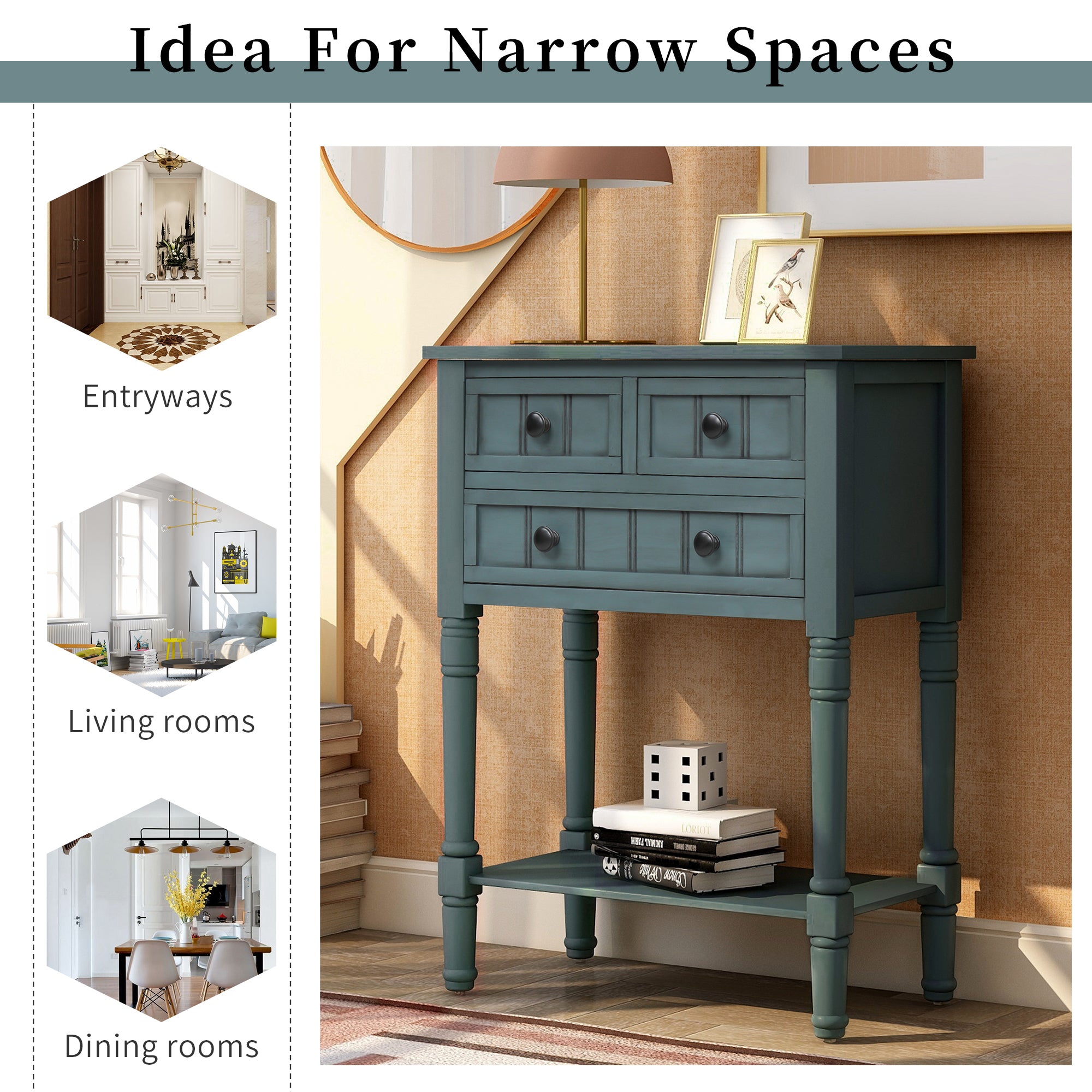 HAOYYE Narrow Console Table, Slim Sofa Table with Three Storage Drawers and Bottom Shelf for Living Room, Navy, Sturdy Space-Saving Design, Heavy Duty Construction, Easy Assembly, Durable and Stylish Home Furniture, Versatile for Hallway or Entryway Use