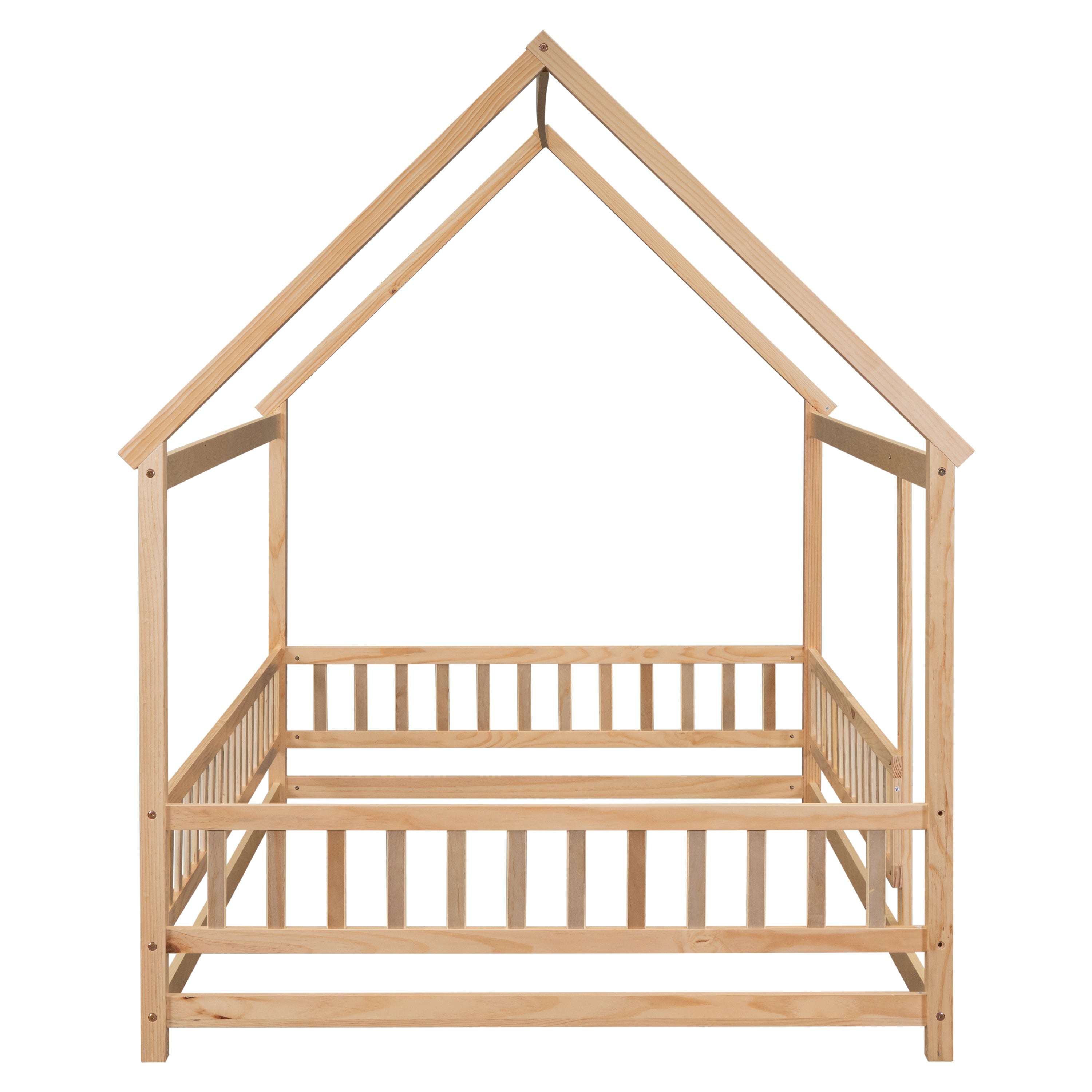 HAOYYE Full Size Floor Wooden Bed with House Roof Frame, Fence Guardrails ,Nartural Sturdy Space-Saving Heavy Duty Modern Design Adults Dorm Room Easy Assembly Bedroom Furniture