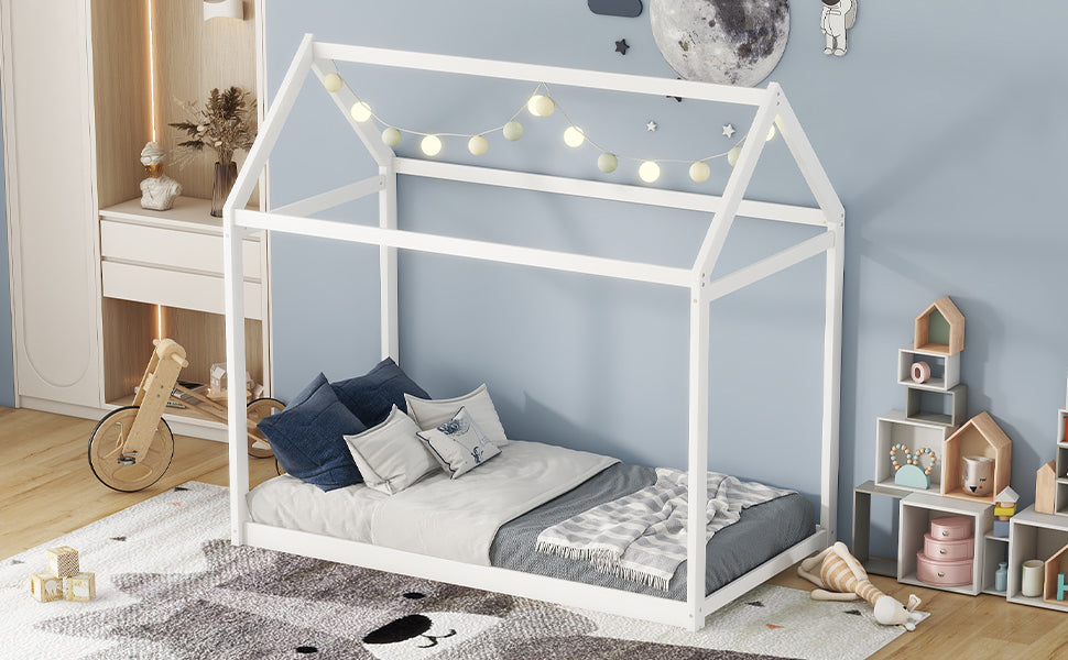 HAOYYE Twin Size Wooden House Bed, White Sturdy Space-Saving Heavy Duty Modern Design Adults Dorm Room Easy Assembly Bedroom Furniture