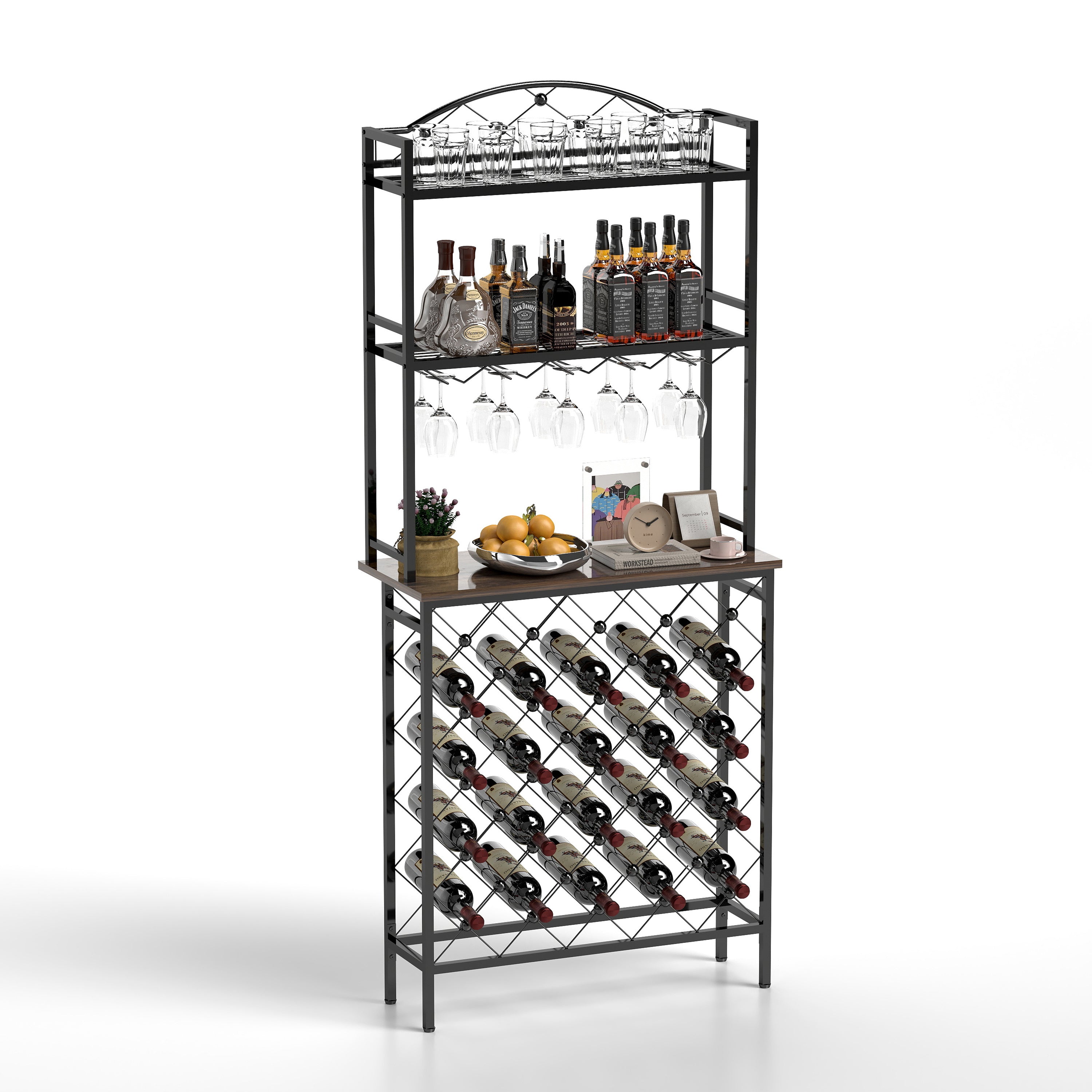 HAOYYE Industrial Wine Rack Bar Table, 3-Tier Liquor Bottle and Glass Holder with Storage Shelves, Metal and Wood Wine Organizer for Home Kitchen, Dining Room, and Living Room Sturdy Space-Saving Heavy Duty