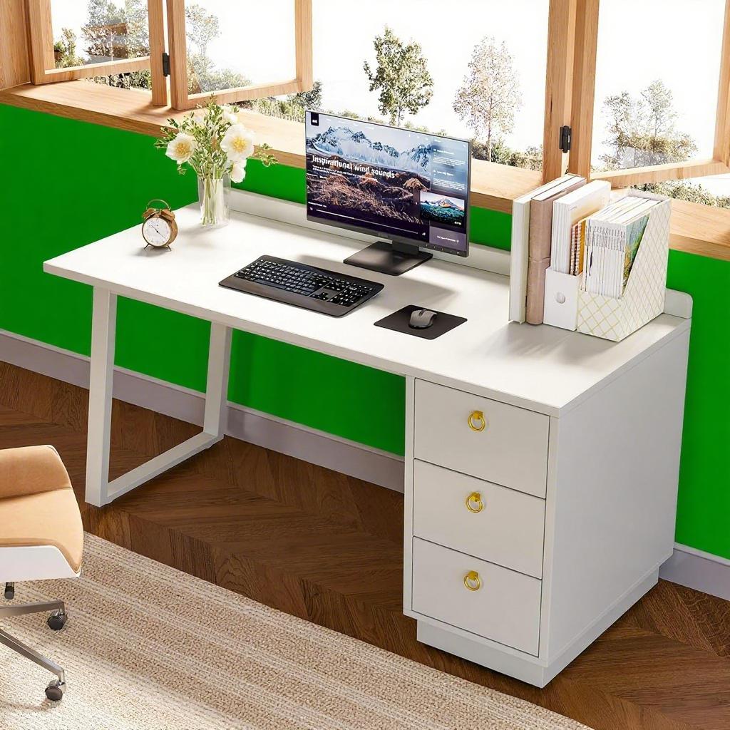 HAOYYE Computer Desk with 3 Drawers Spacious Home Office Workstation Sturdy E1 MDF Construction Stain Resistant Easy to Clean Multi-Function Desk for Gaming Vanity Writing with Elegant White Finish and Gold Pull Rings
