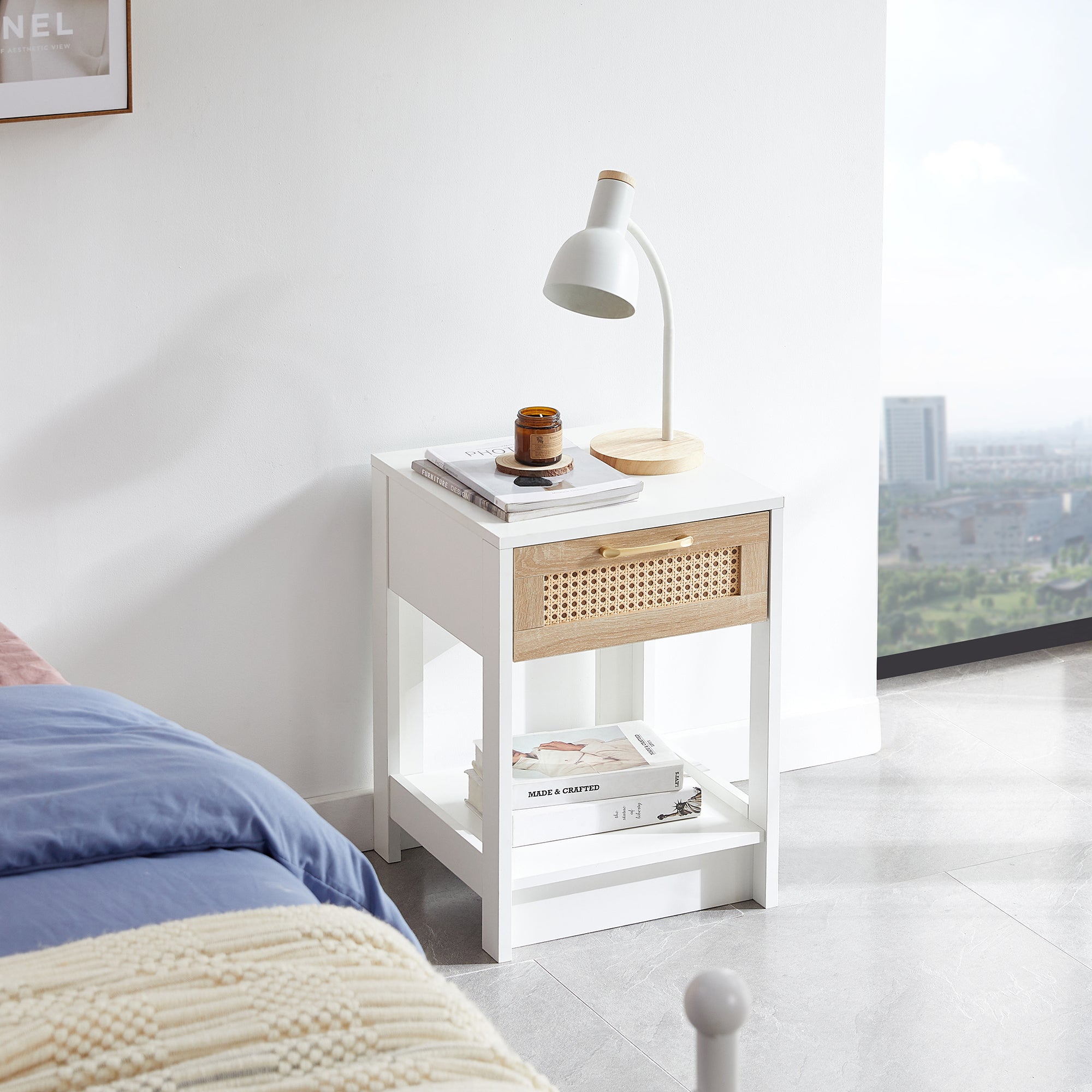 HAOYYE Rattan Side Table with Drawer, Modern White End Table, Sturdy Space-Saving Design, Heavy Duty Construction, Easy Assembly, Stylish and Durable Home Furniture for Living Room or Bedroom