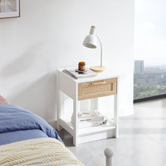 HAOYYE Rattan Side Table with Drawer, Modern White End Table, Sturdy Space-Saving Design, Heavy Duty Construction, Easy Assembly, Stylish and Durable Home Furniture for Living Room or Bedroom
