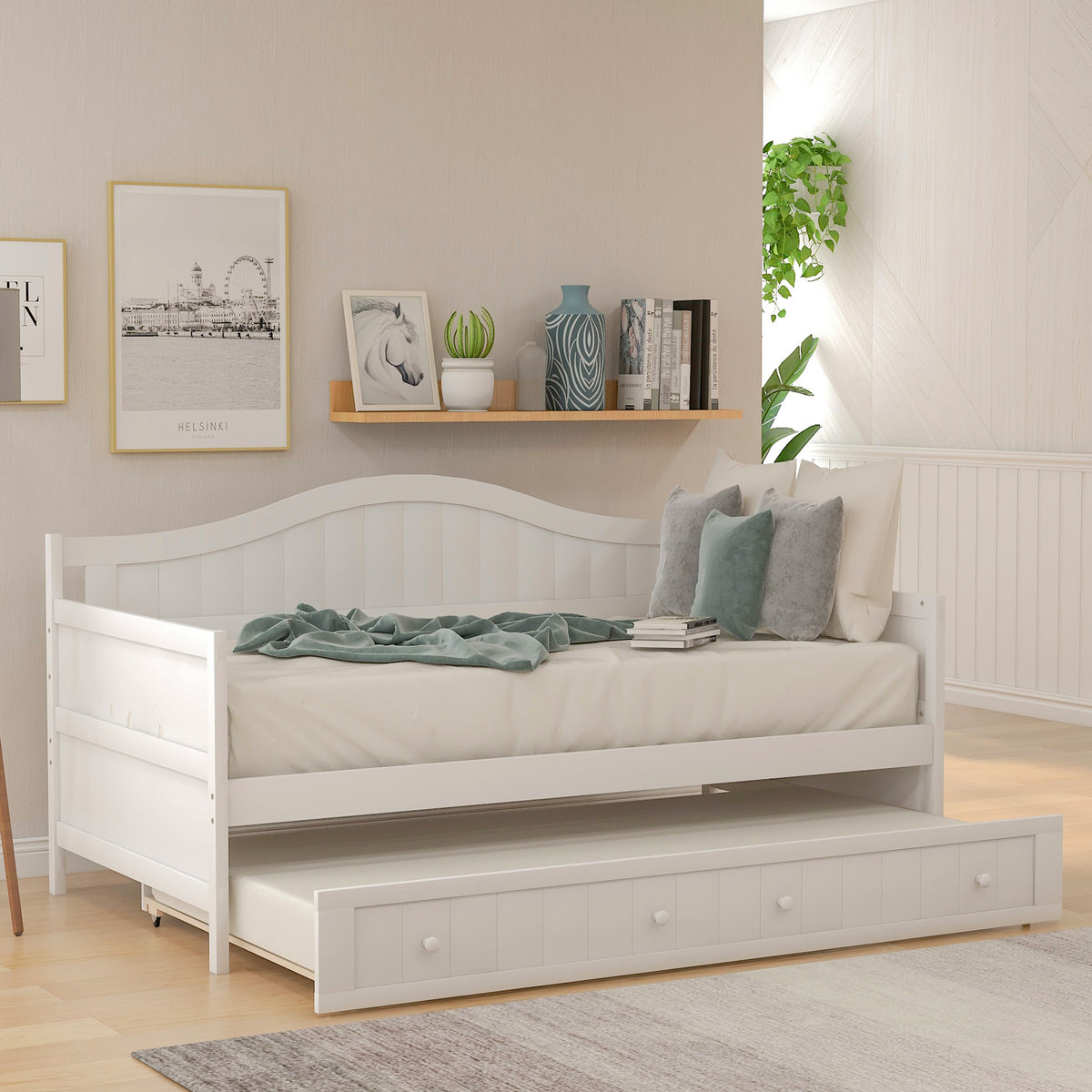 HAOYYE Twin Wooden Daybed with Trundle Bed White Durable Sturdy Space-Saving Heavy Duty Modern Design Easy Assembly Stylish Versatile Sofa Bed for Bedroom and Living Room
