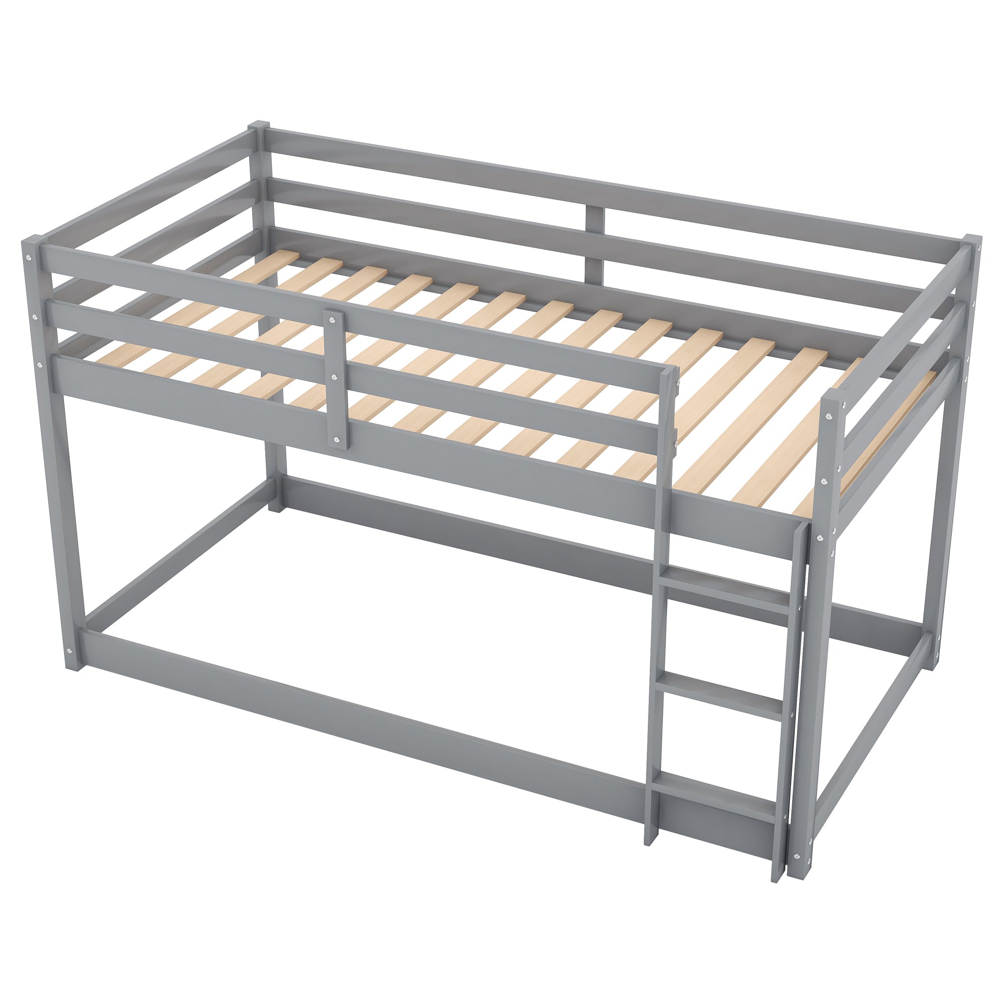 HAOYYE Twin over Twin Floor Bunk Bed with Ladder , Gray(Old SKU:WF281727AAE/WF286602AAE) Sturdy Space-Saving Heavy Duty Modern Design Easy Assembly Durable Stylish Home Furniture Versatile