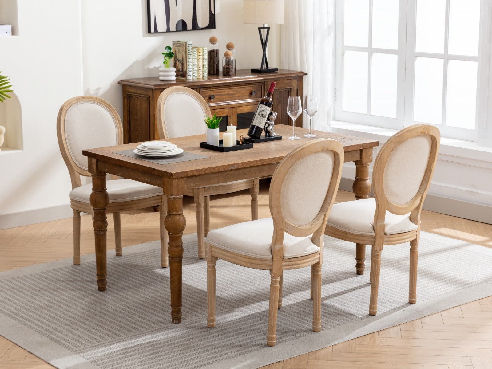 HAOYYE French Style Solid Wood Frame Antique Painting Linen Fabric Back Dining Chair,Set of 2,Beige,SW1845BG Sturdy Space-Saving Heavy Duty Modern Design Adults Dorm Room Easy Assembly