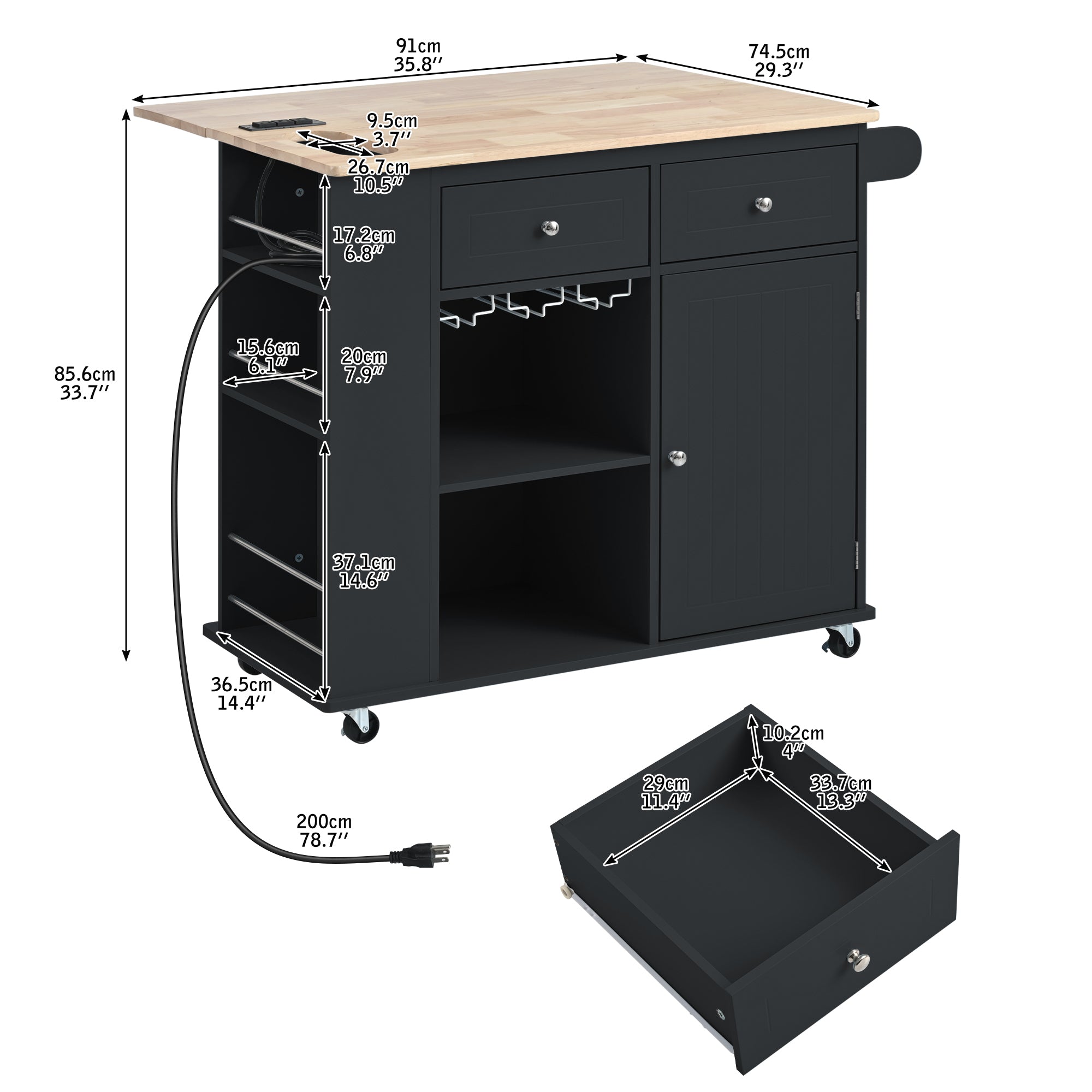 HAOYYE Kitchen Island with Power Outlet, Drop Leaf, Rubber Wood Top, Wine Rack, and Adjustable Storage. Black Kitchen Storage Island on Wheels, Ideal for Home, Kitchen, and Dining Room