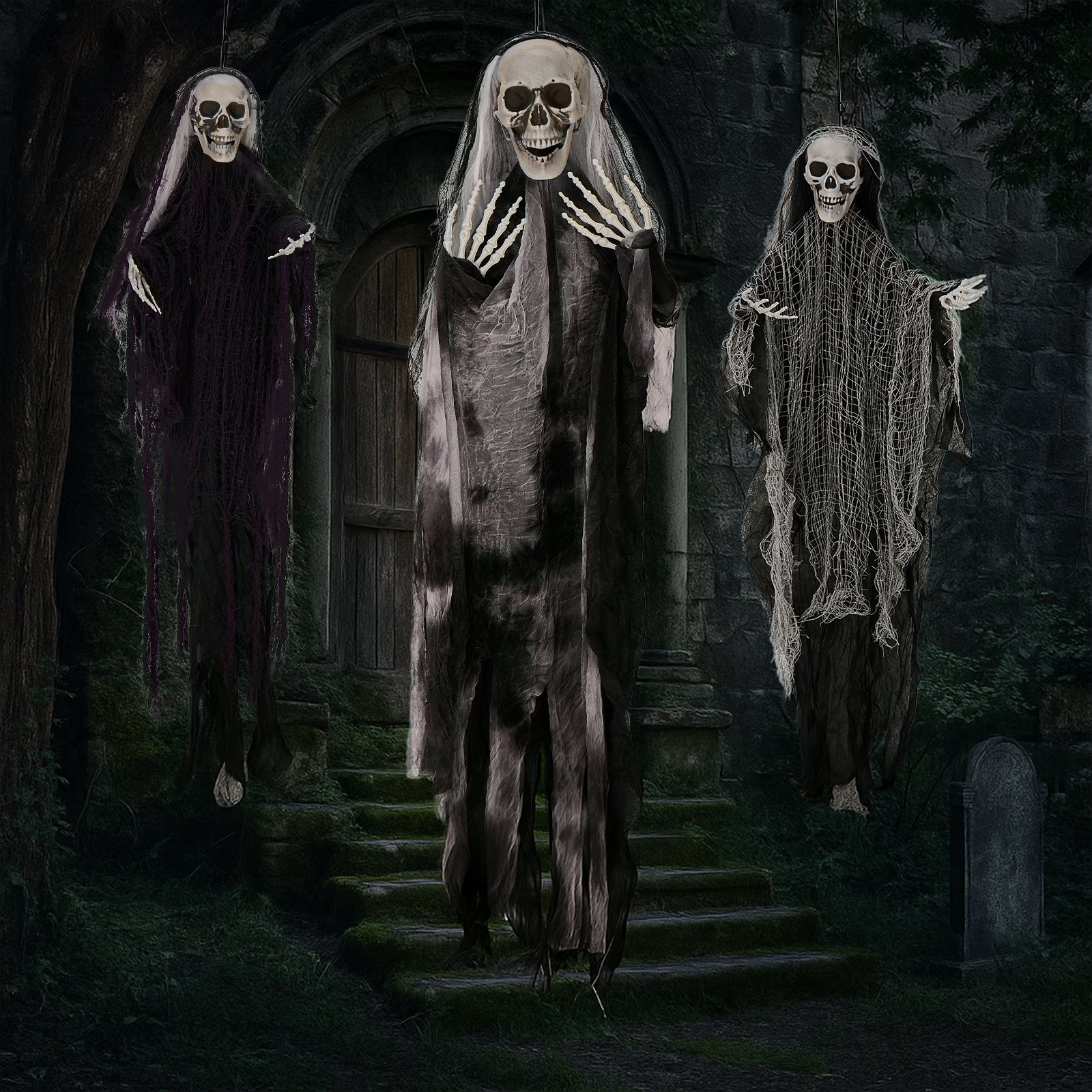 HAOYYE Halloween Hanging Skeleton Ghost Decorations 3-Pack Set Grim Reapers with Adjustable Arms for Spooky Outdoor and Indoor Halloween Party Decor Durable Plastic and Fabric