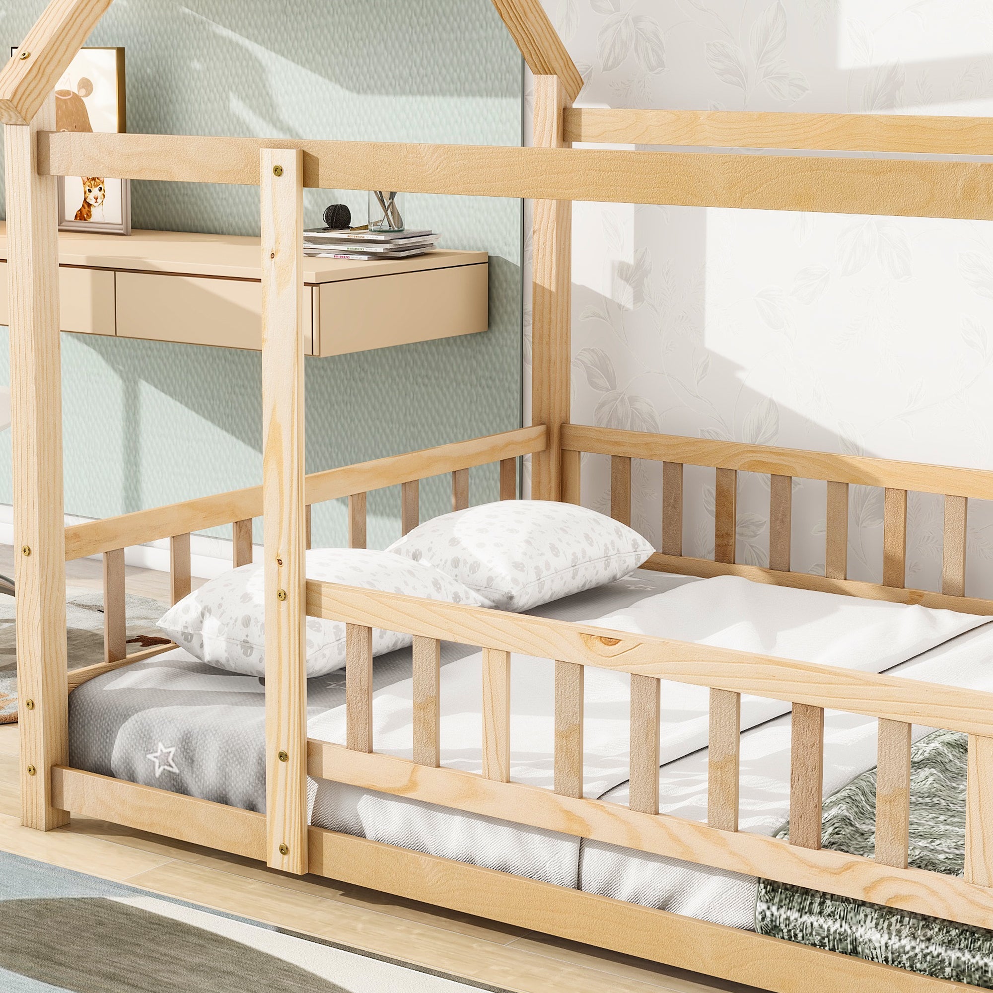 HAOYYE Full Size Floor Wooden Bed with House Roof Frame, Fence Guardrails ,Nartural Sturdy Space-Saving Heavy Duty Modern Design Adults Dorm Room Easy Assembly Bedroom Furniture