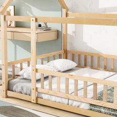 HAOYYE Full Size Floor Wooden Bed with House Roof Frame, Fence Guardrails ,Nartural Sturdy Space-Saving Heavy Duty Modern Design Adults Dorm Room Easy Assembly Bedroom Furniture