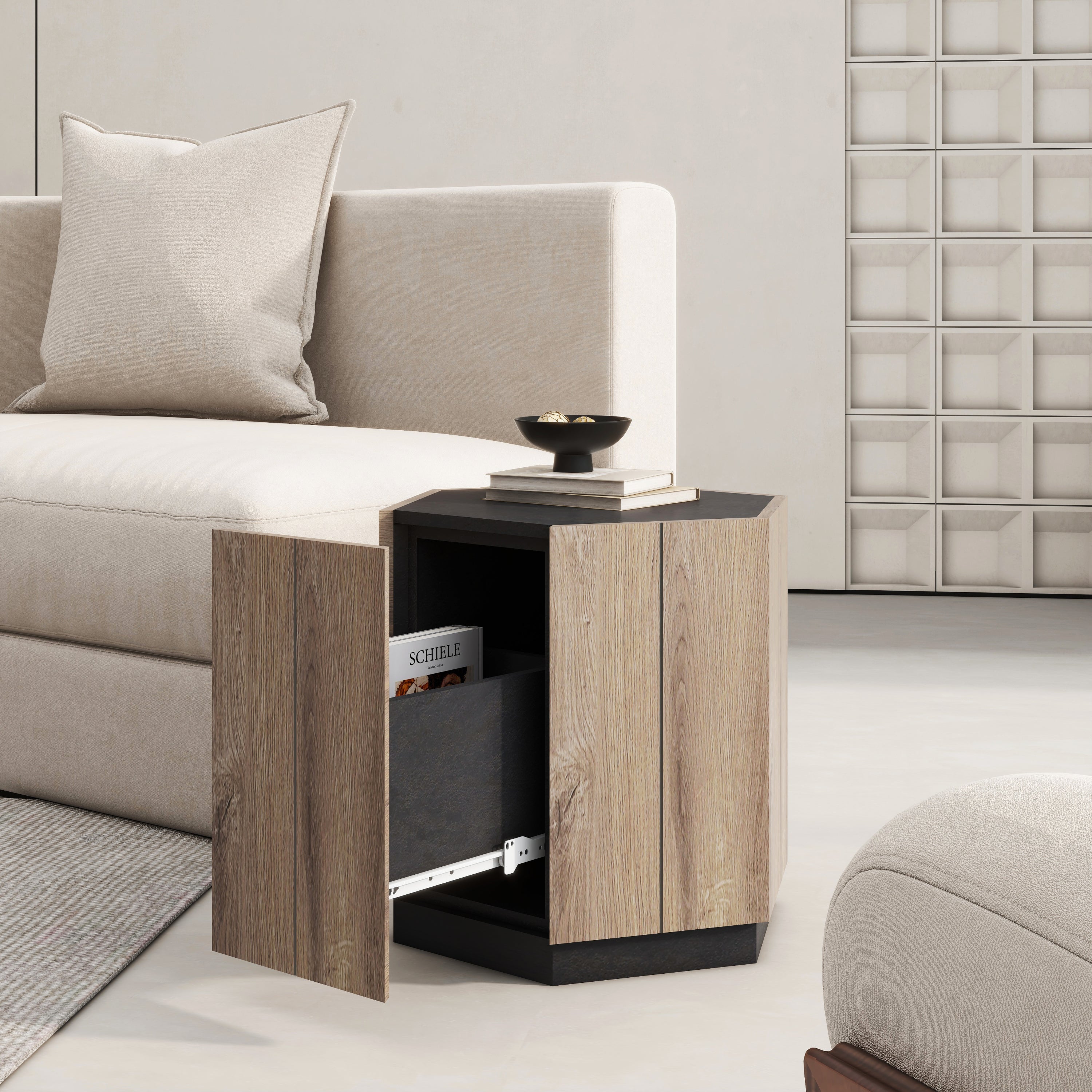 HAOYYE Hexagonal Rural-Style Side Table with Drawer, Textured Black and Warm Oak, Sturdy Space-Saving Design, Heavy Duty Construction, Modern Rustic Furniture for Living Room, Bedroom, or Corner Spaces