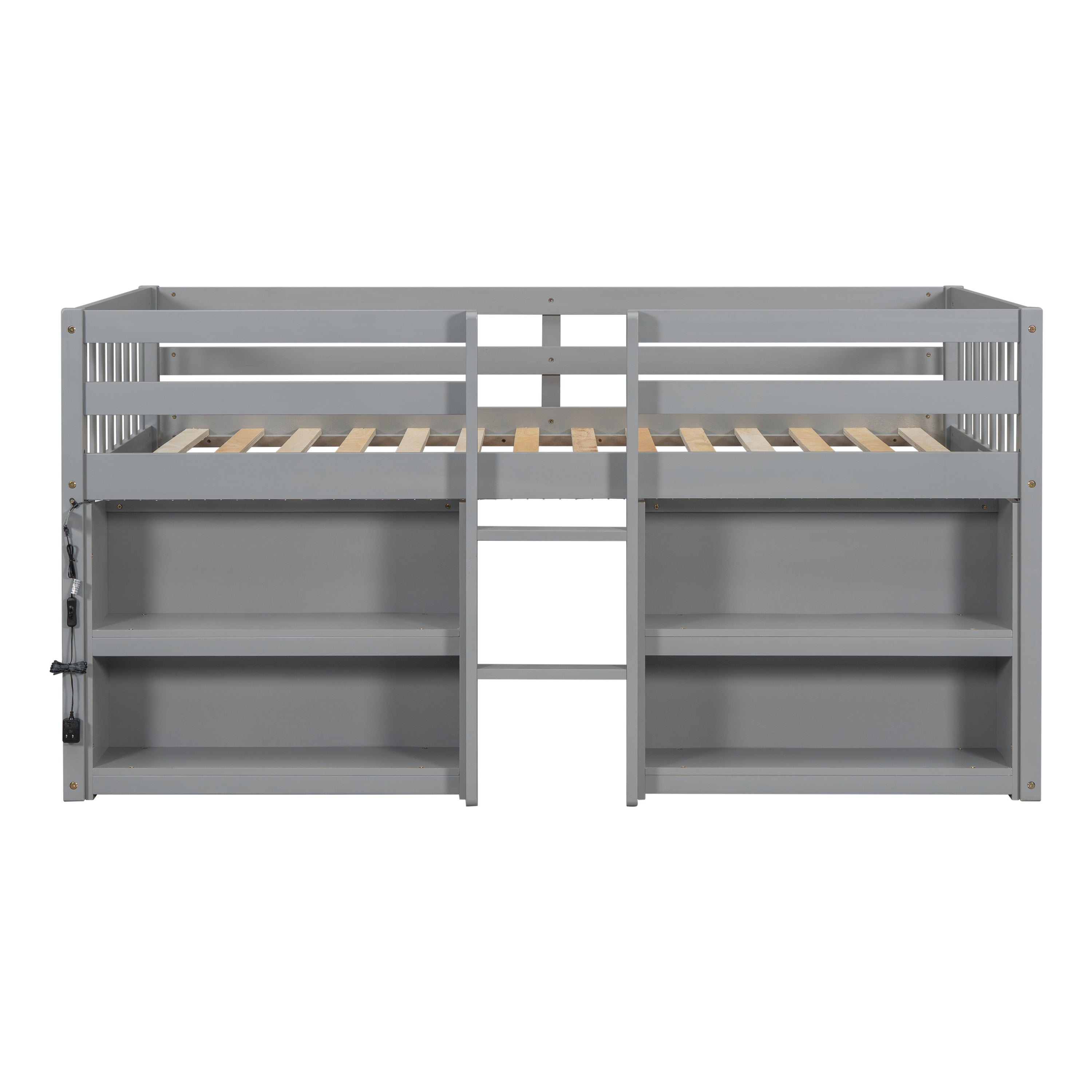 HAOYYE Twin Size Kid Low Loft Bed With Two-Tier Shelves And LED Light For Grey Color Sturdy Space-Saving Heavy Duty Modern Design Adults Dorm Room Easy Assembly Bedroom Furniture