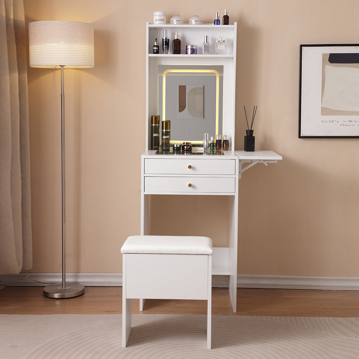 HAOYYE Vanity Desk With Lighted Mirror, Makeup Table With Drawers And Storage Cabinet, Glass Desktop, Adjustable Brightness, Storage Stool, Modern White Design For Bedroom, Sturdy Space-Saving Construction