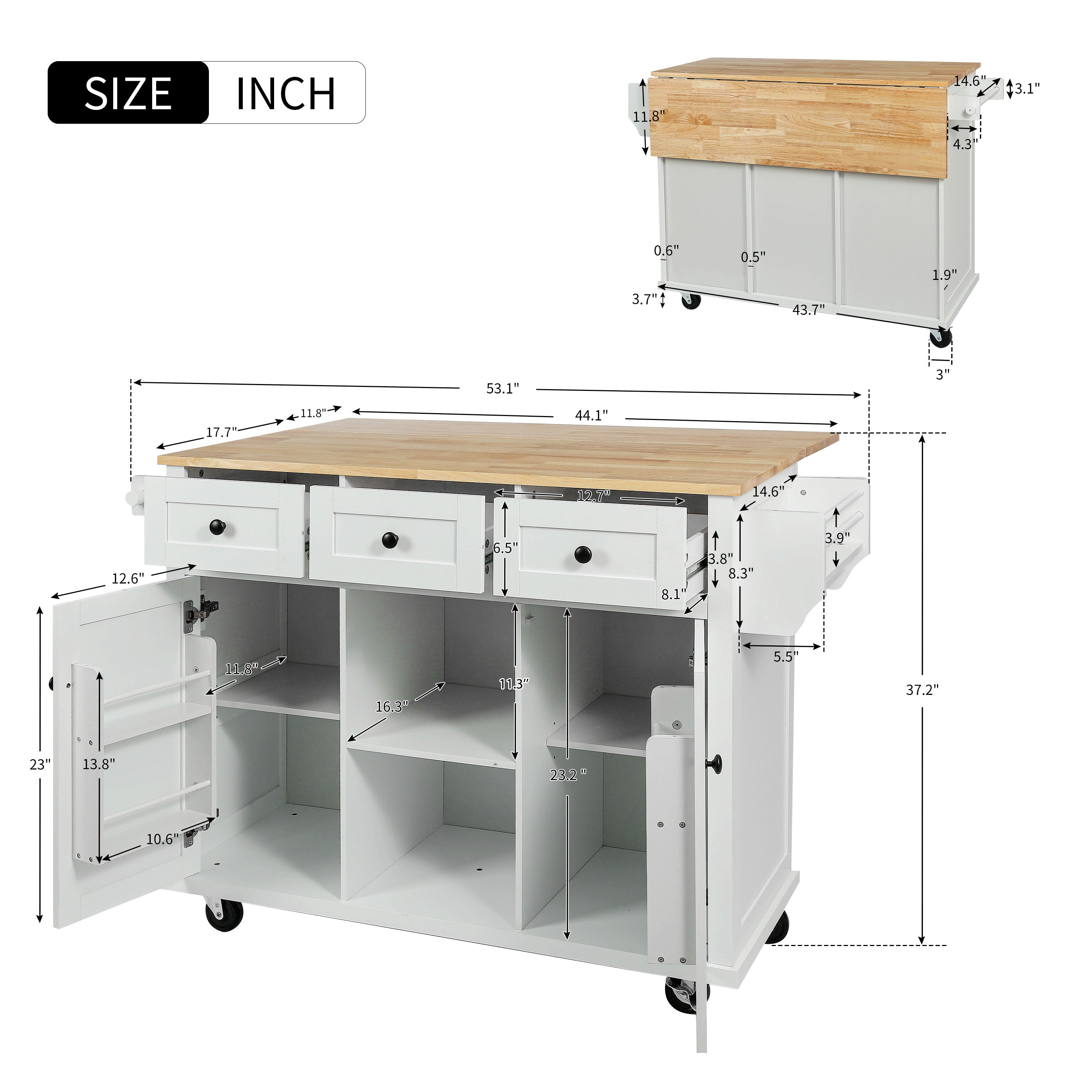 HAOYYE Kitchen Cart with Rubber wood Drop-Leaf Countertop ,Cabinet door internal storage racks,Kitchen Island on 5 Wheels with Storage Cabinet and 3 Drawers for Dinning Room,White Sturdy Space-Saving Durable