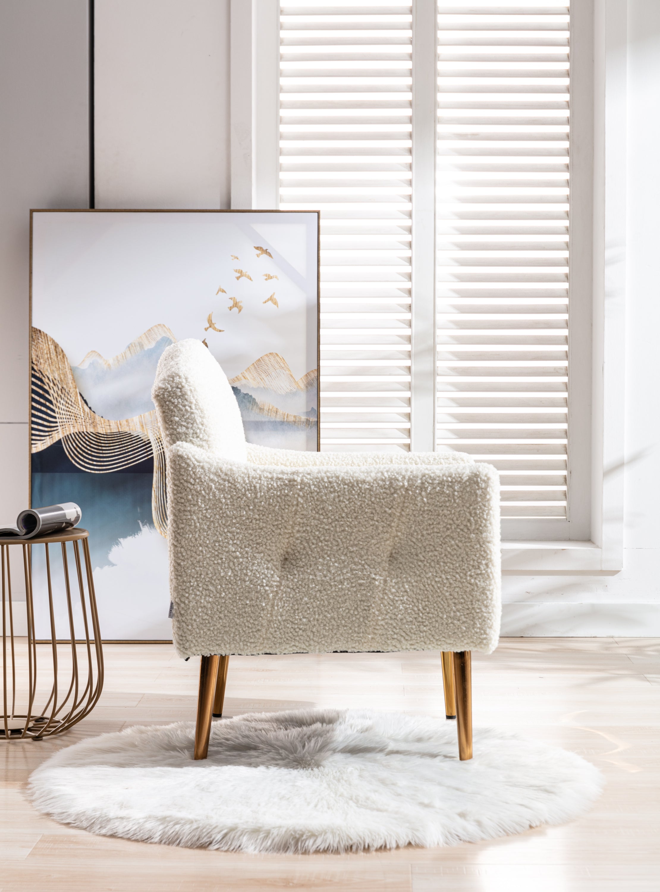 HAOYYE Modern Accent Chair with Arms, Tufted Decorative Fabric Armchair with Gold Metal Legs, Upholstered Reading Chair for Living Room Bedroom Office (White Teddy) Sturdy Space-Saving Heavy Duty