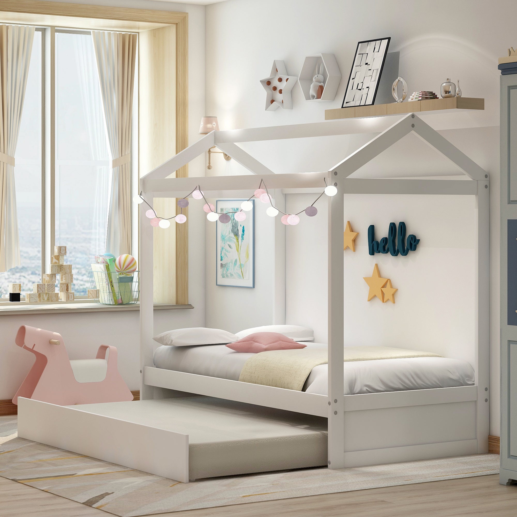 HAOYYE House Bed with Trundle, can be Decorated,White(Old SKU:SM000103AAK) Sturdy Space-Saving Heavy Duty Modern Design Adults Dorm Room Easy Assembly Bedroom Furniture