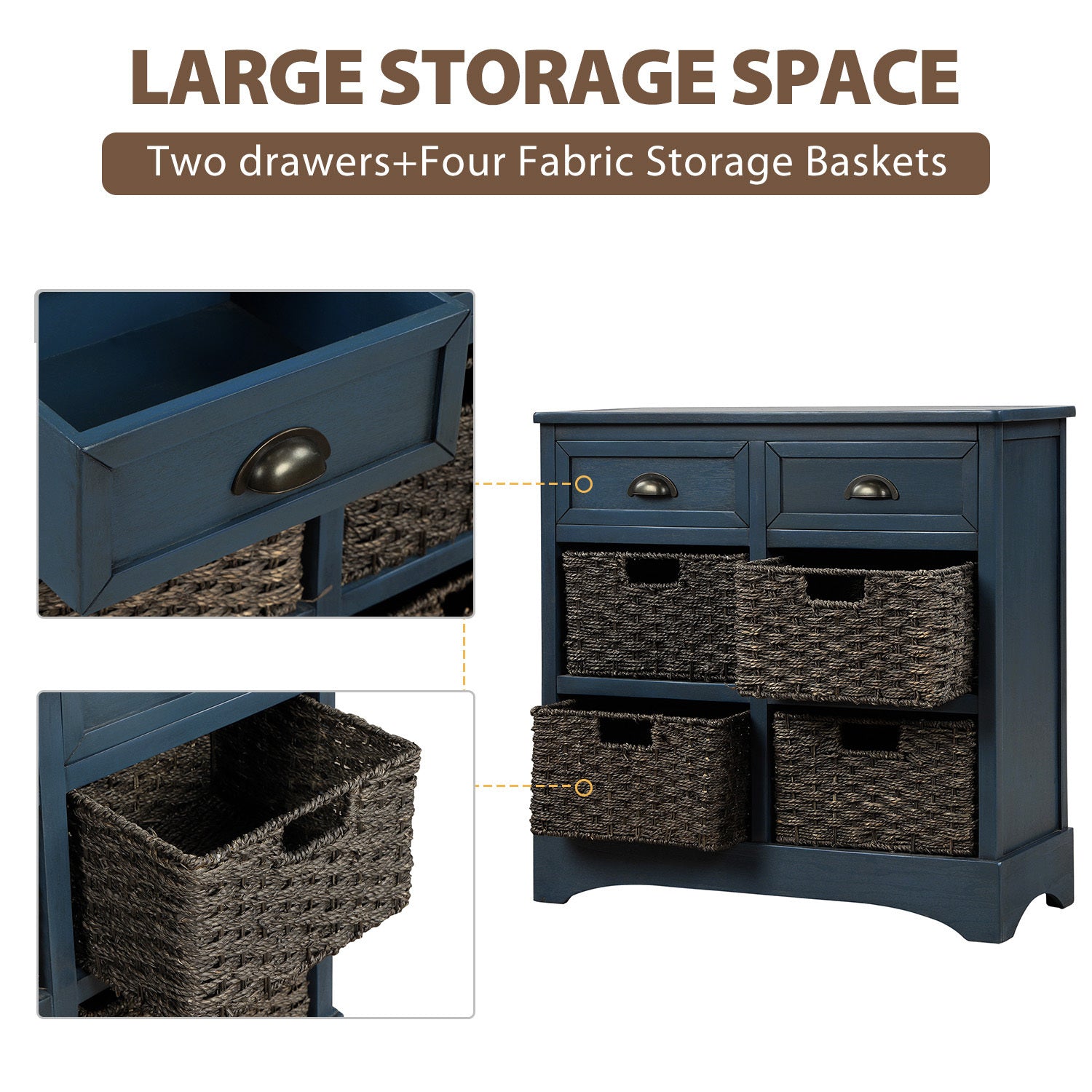 HAOYYE Rustic Storage Cabinet with Two Drawers and Four Classic Rattan Baskets for Dining Room, Entryway, or Living Room, Antique Navy, Sturdy Space-Saving Design, Heavy Duty Construction, Easy Assembly, Durable and Stylish Home Furniture