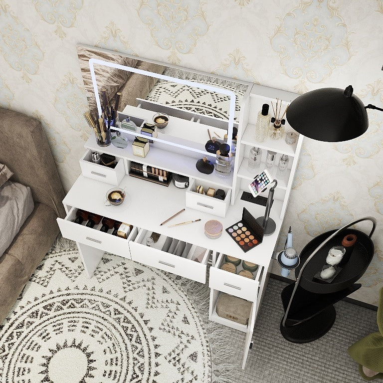 HAOYYE Smart Mirror Dressing Table with Drawers and Storage Cabinet, Modern Design Dressing Table with Soft Dressing Pad for Bedroom and Dressing Room, Sturdy Space-Saving Heavy Duty Construction, Ideal for Adults