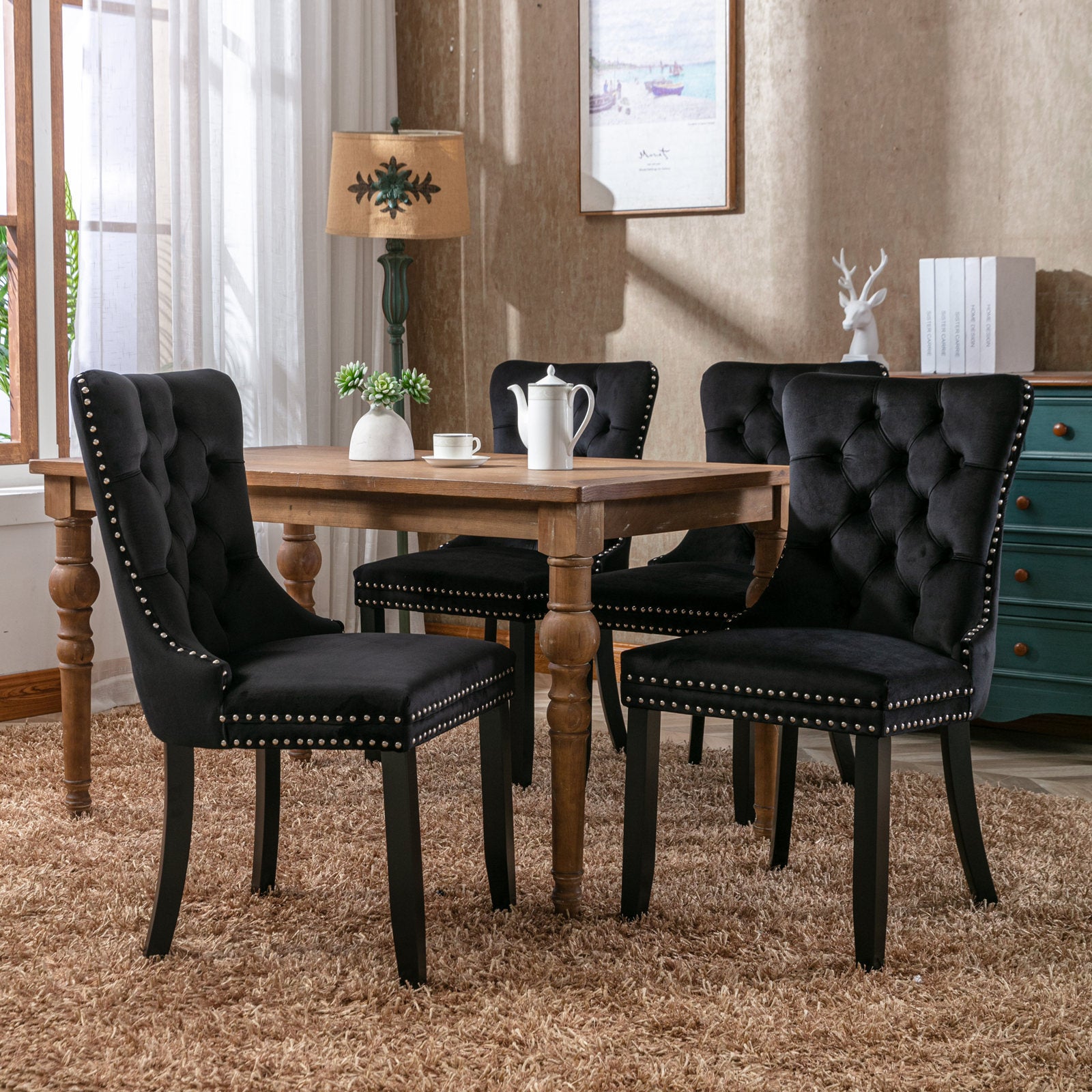 HAOYYE High-end Tufted Solid Wood Contemporary Velvet Upholstered Dining Chair with Wood Legs Nailhead Trim 2-Pcs Set, Black, SW2001BK Sturdy Space-Saving Heavy Duty Modern Design