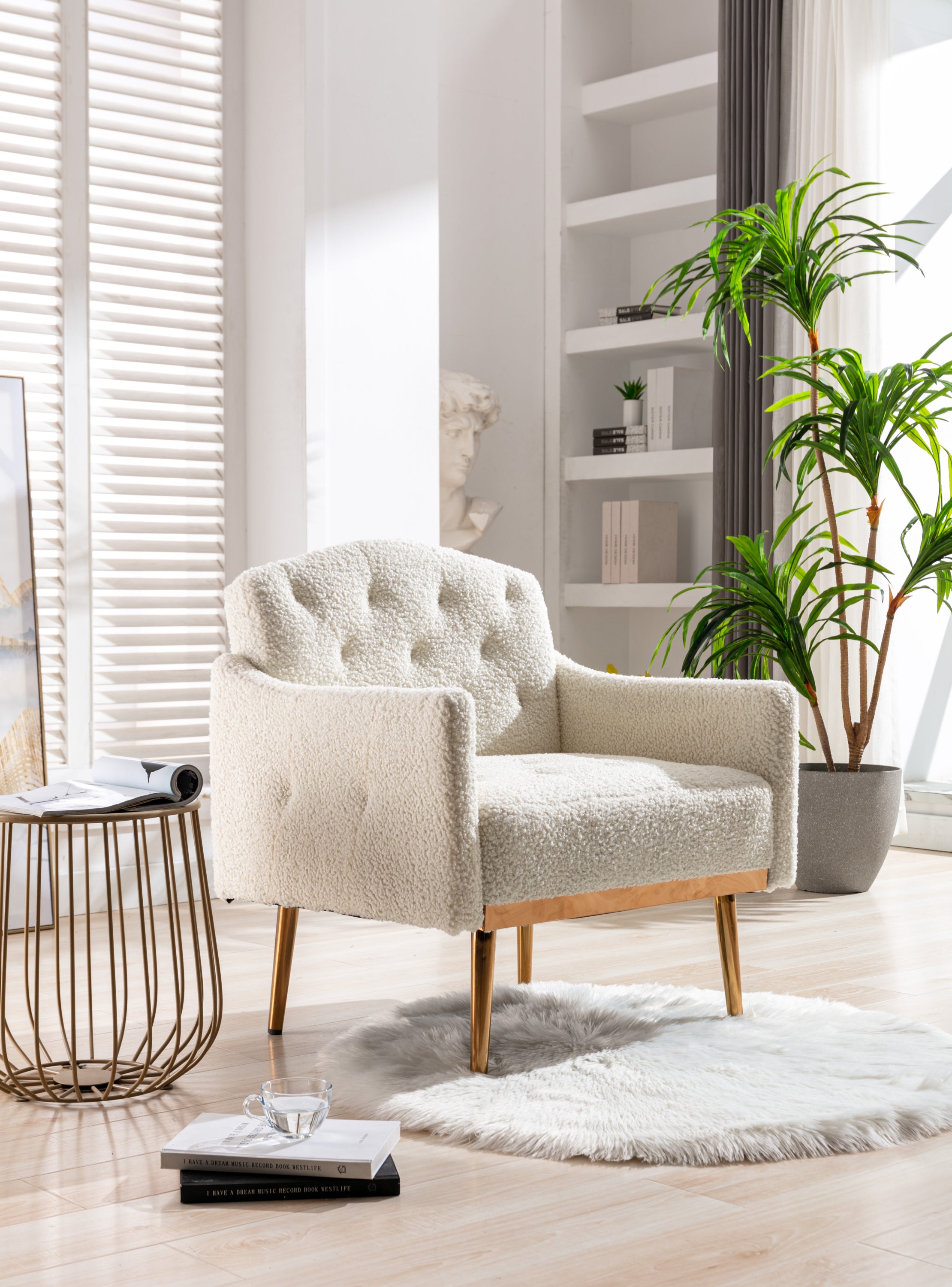 HAOYYE Modern Accent Chair with Arms, Tufted Decorative Fabric Armchair with Gold Metal Legs, Upholstered Reading Chair for Living Room Bedroom Office (White Teddy) Sturdy Space-Saving Heavy Duty